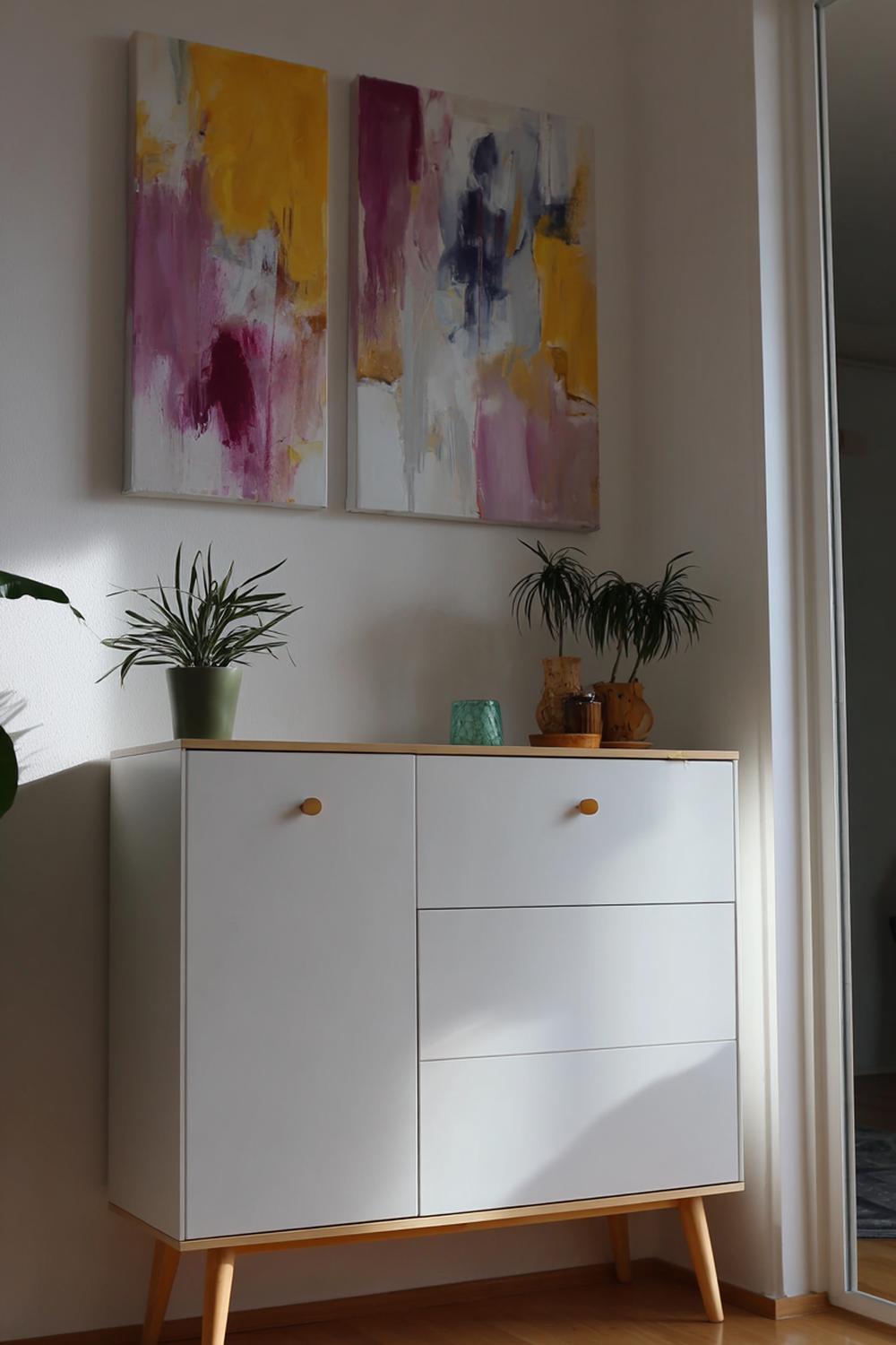 9. Kommode minimalistisch mit Kunst-Triptychon und niedriger Schale