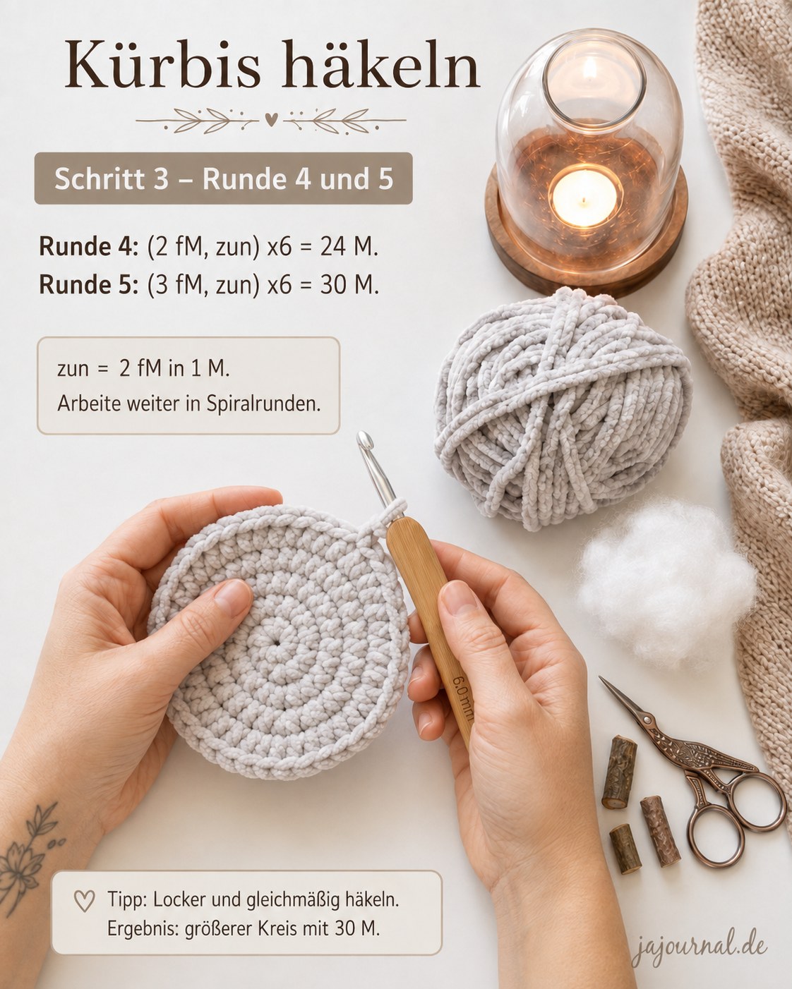 Runde vier und fünf beim Kürbis häkeln vergrößern den Kreis auf 30 feste Maschen