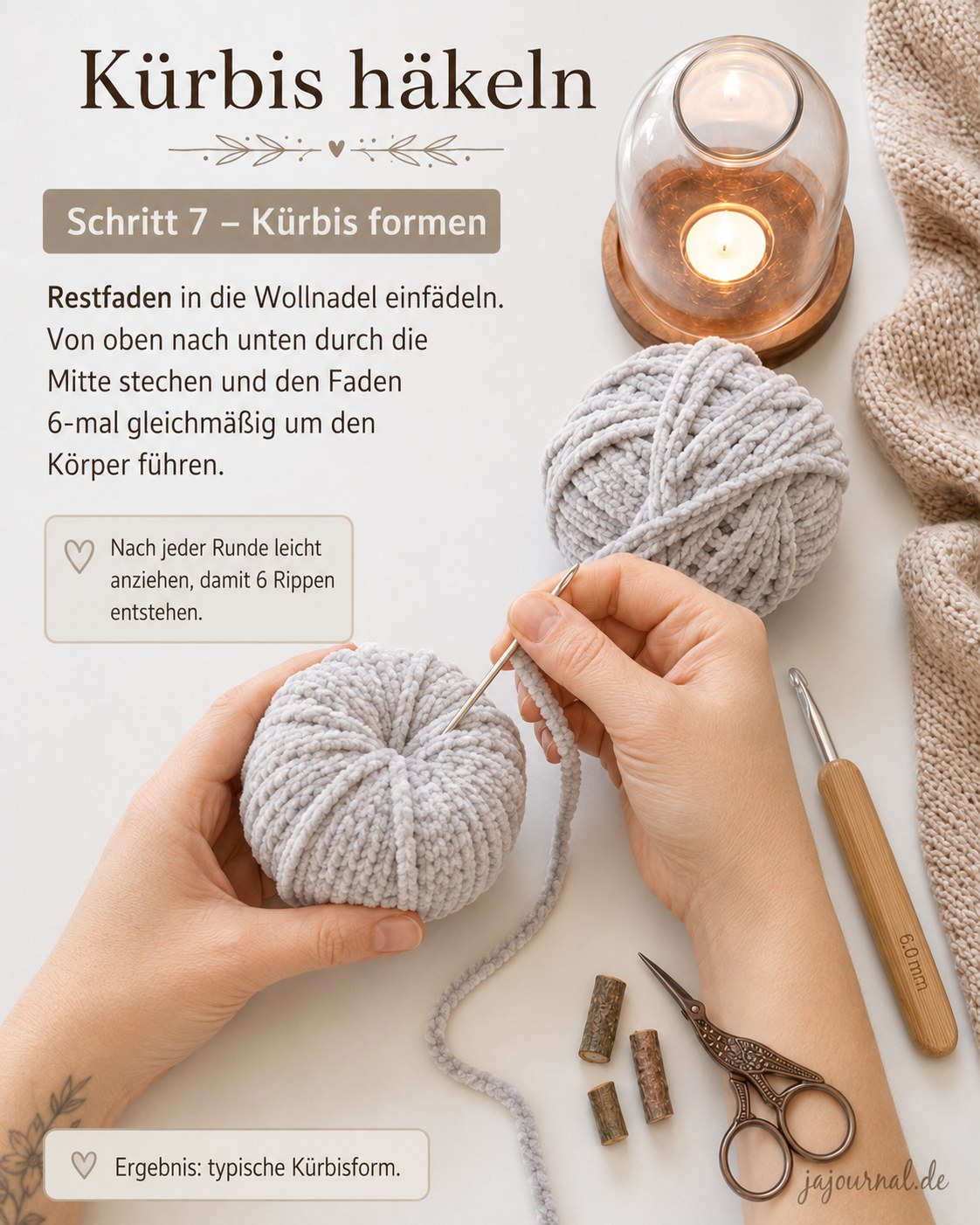Der Restfaden formt beim Kürbis häkeln sechs gleichmäßige Rippen für die typische Kürbisform