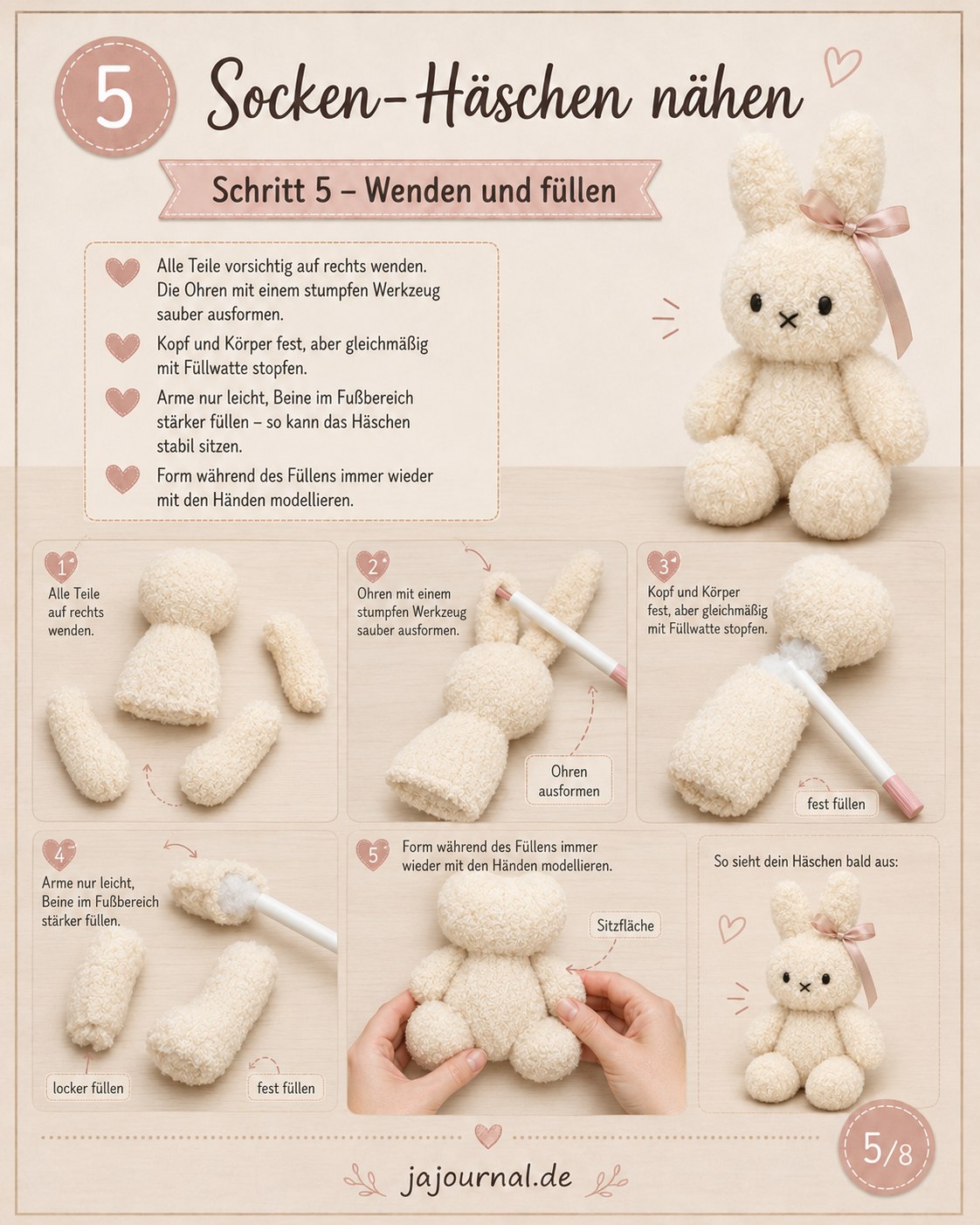 Kopf, Ohren und Körperteile des Miffy Hasen aus Socken werden gewendet und gefüllt