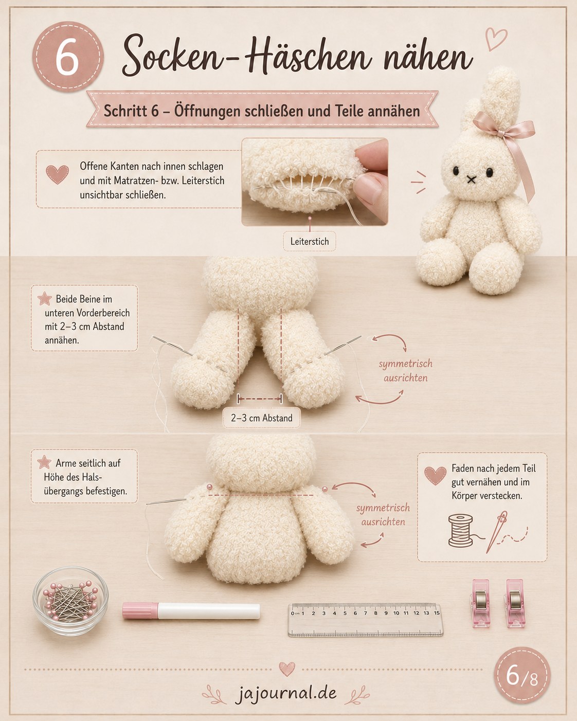 Beine und Arme werden symmetrisch an den Körper des Miffy Hasen aus Socken angenäht