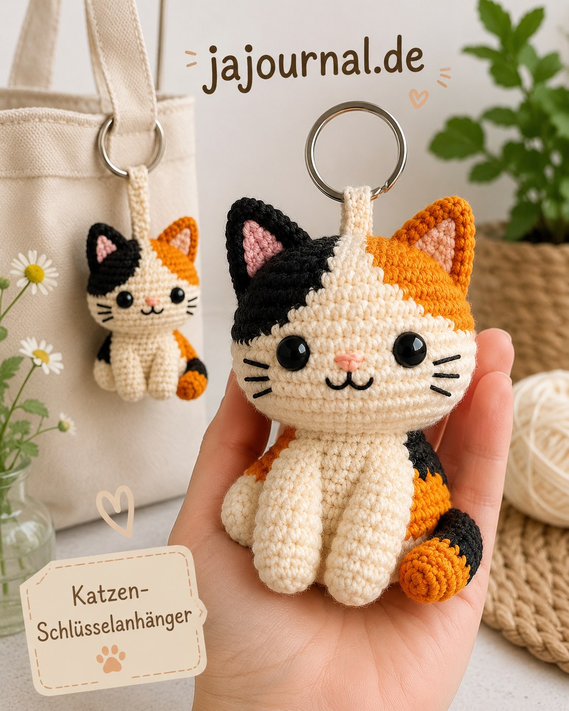 Gehäkelter Katzen-Schlüsselanhänger in Dreifarben-Optik, praktisch für Tasche und Schlüsselbund
