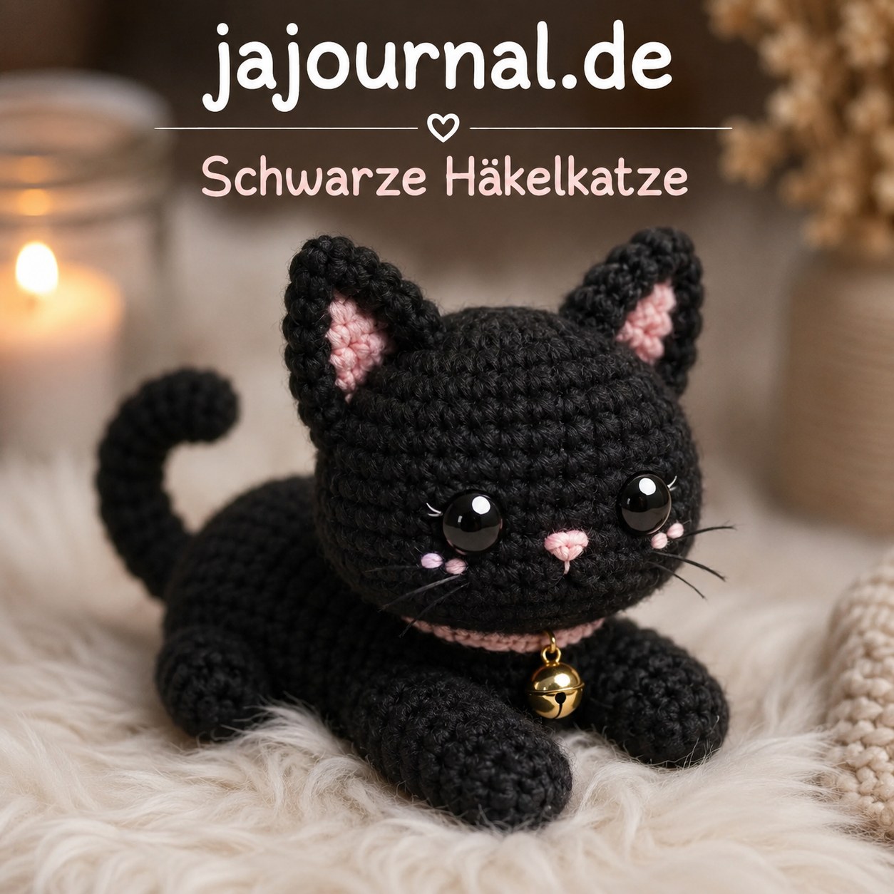 Schwarze Häkelkatze mit rosa Ohren und Glöckchen-Halsband beim Thema Mini-Katzen häkeln