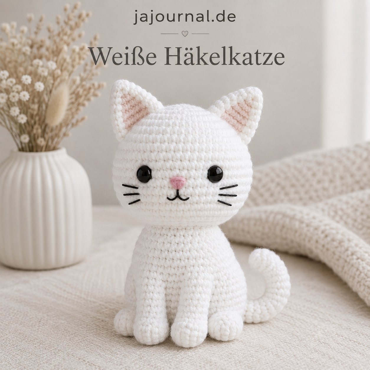 Weiße Häkelkatze im Sitzen mit eingerolltem Schwanz als klassisches Amigurumi-Motiv