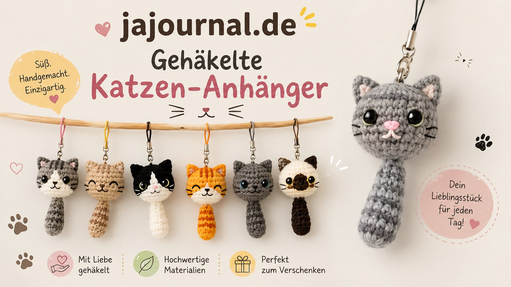 Sieben gehäkelte Katzen-Anhänger in verschiedenen Fellfarben zum selbst häkeln und verschenken