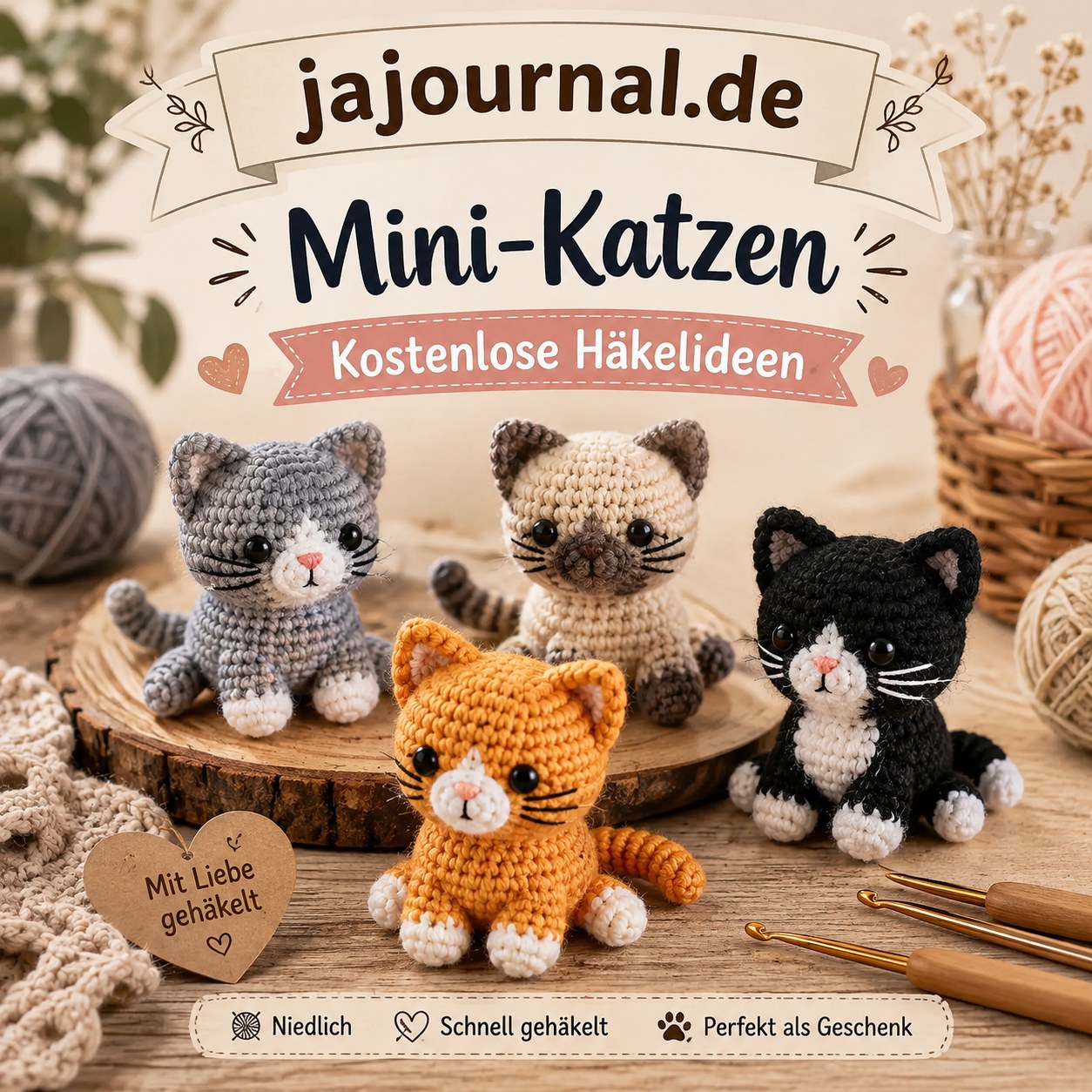 Vier Mini-Katzen in unterschiedlichen Farben, gehäkelt nach derselben Grundanleitung