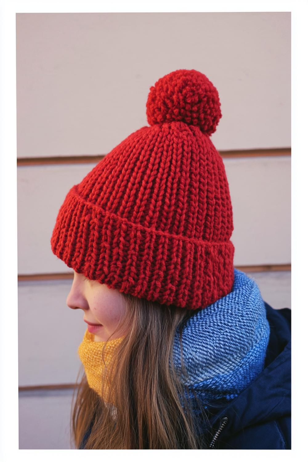 Rote Wintermütze mit Bommel