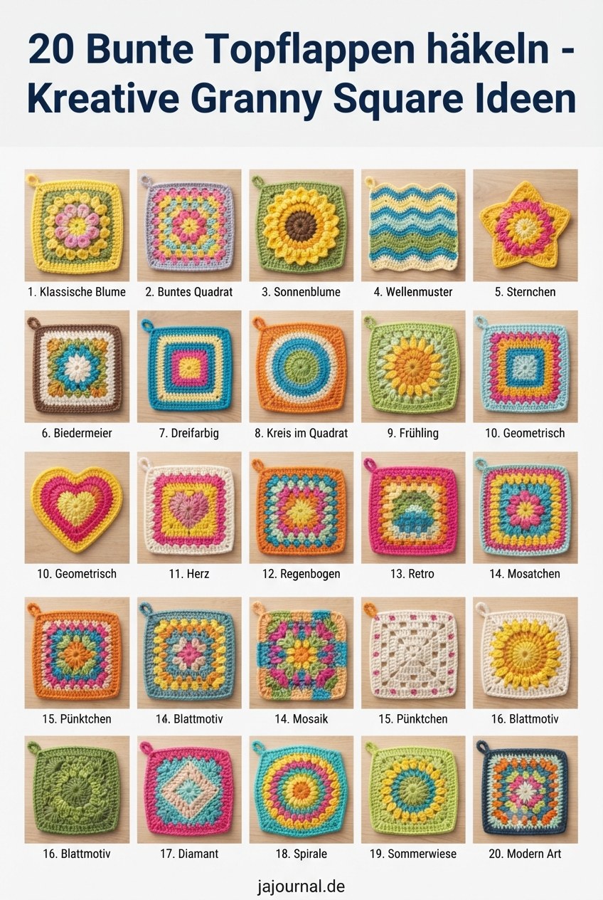 20 Bunte Topflappen häkeln - Kreative Granny Square Ideen