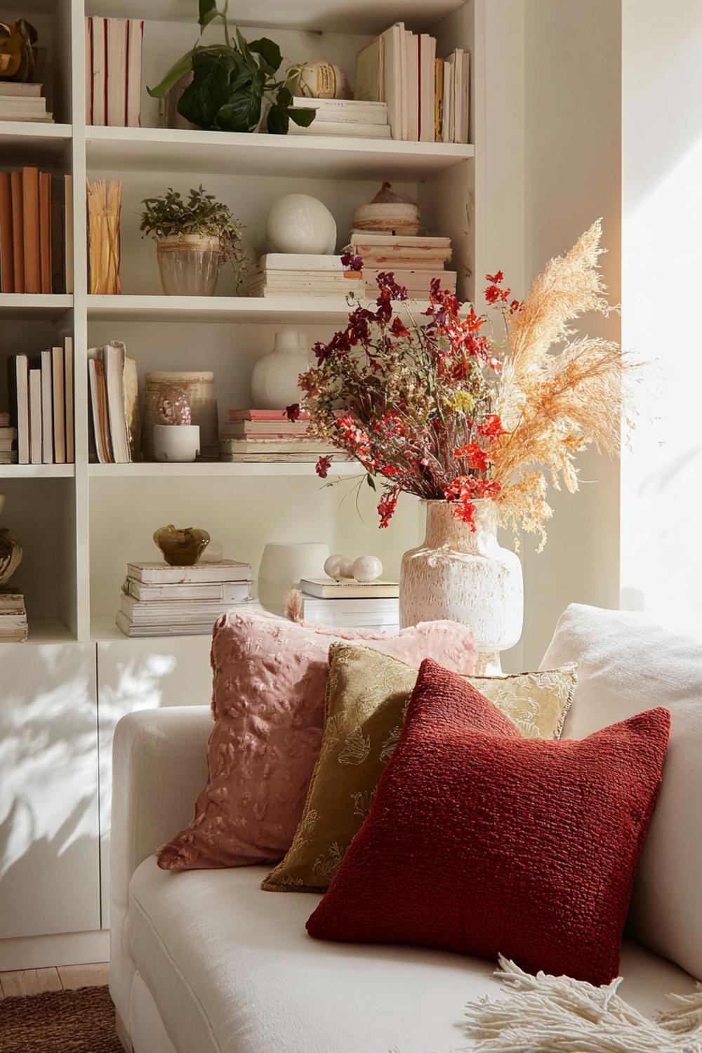 10. Wohnzimmer-Regal mit saisonalem Styling in Herbsttönen und Kerzen