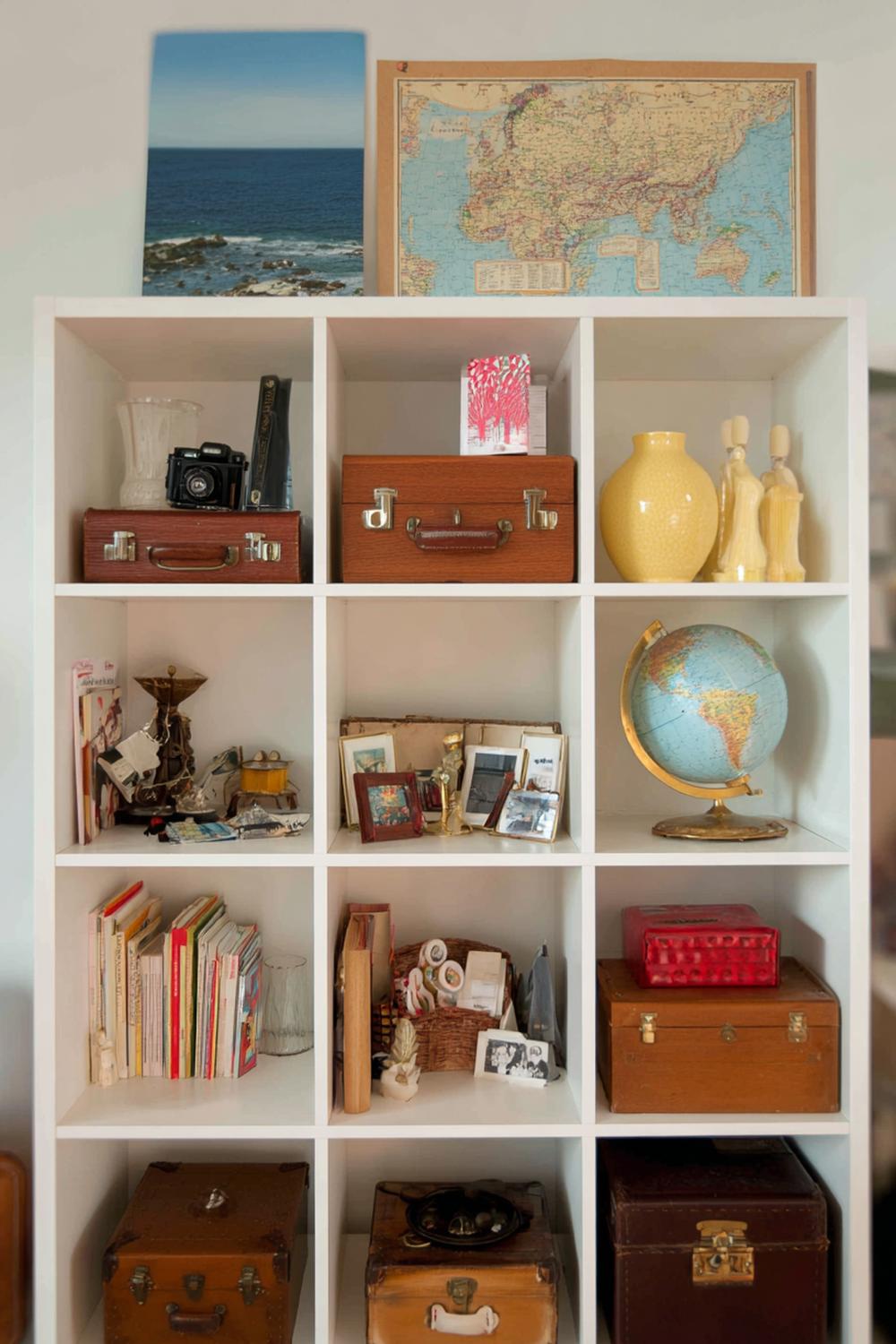 12. Wohnzimmer-Regal als Reisegalerie mit Souvenirs und Landkarten