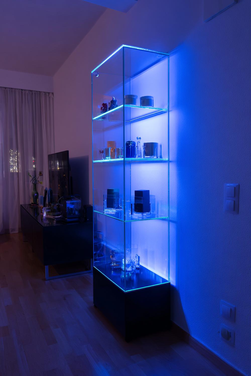 14. Wohnzimmer-Regal mit stimmungsvoller LED-Beleuchtung und Glasflächen