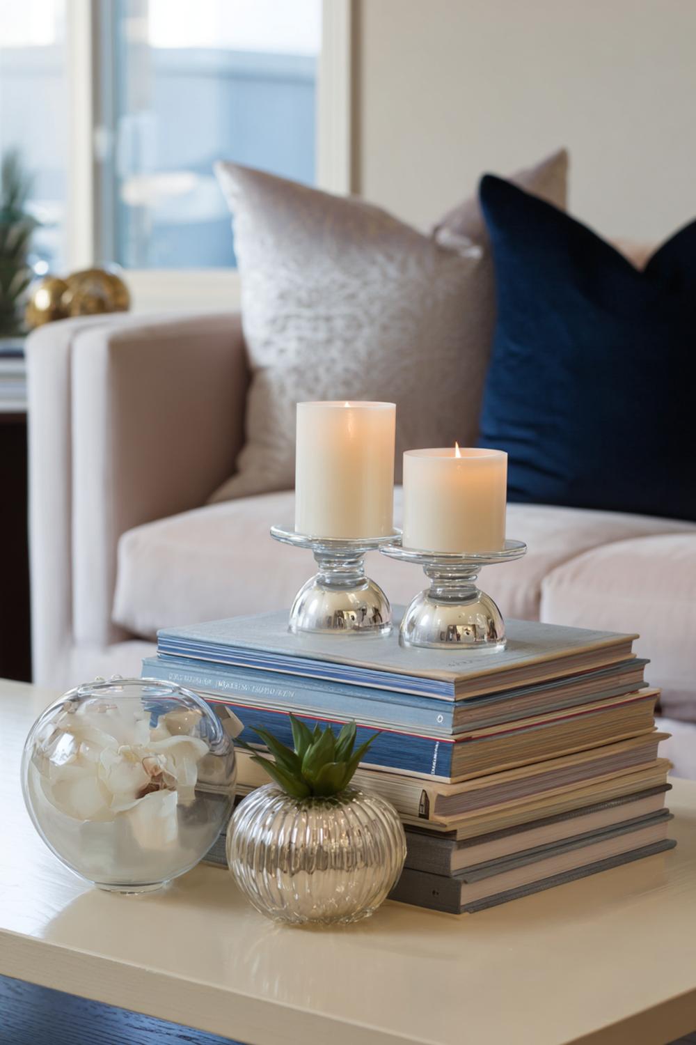 19. Wohnzimmer-Regal als Kaffeetable-Book-Bühne mit Duftkerzentrio