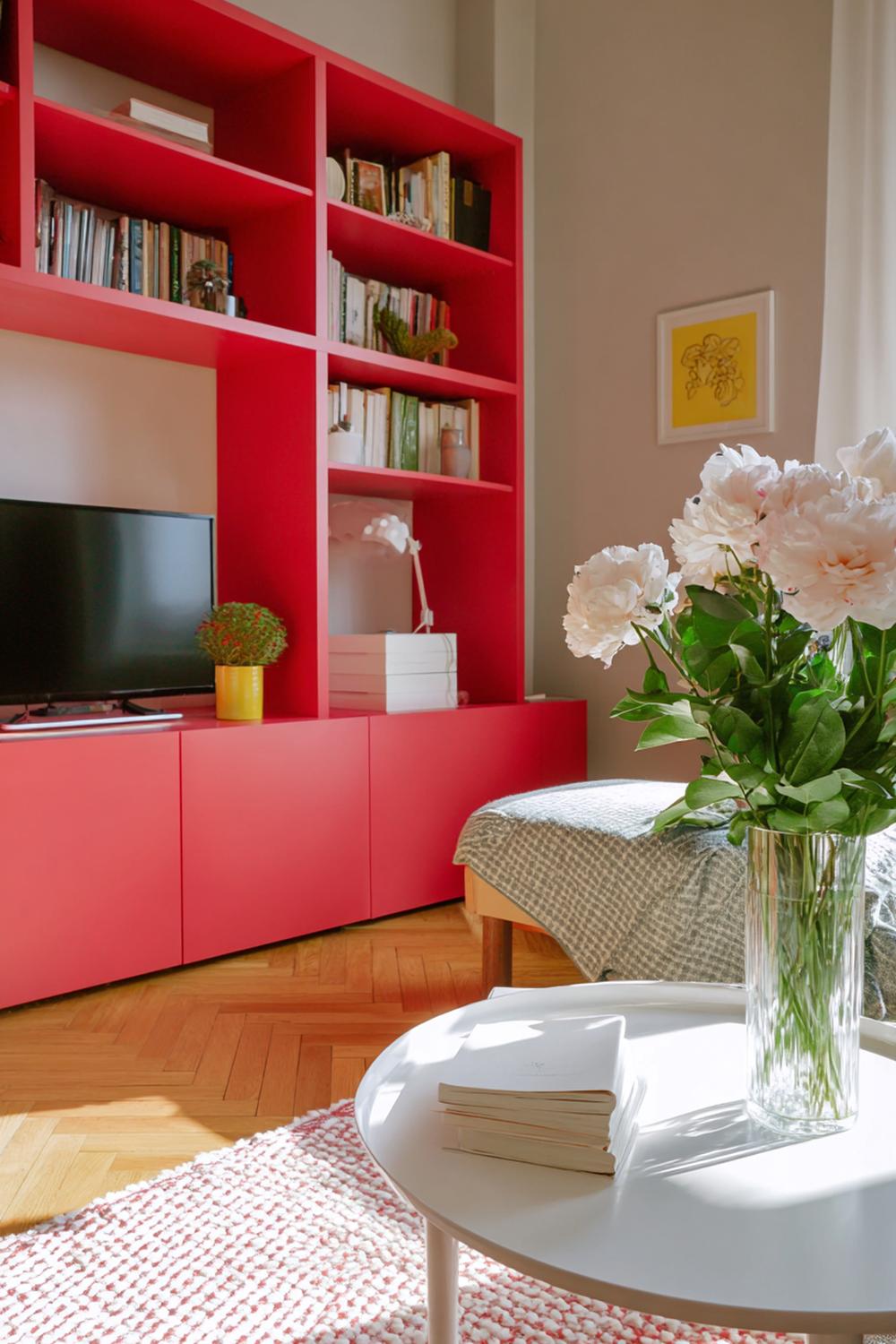 20. Wohnzimmer-Regal mit Farbakzent Korallenrot und klaren Linien