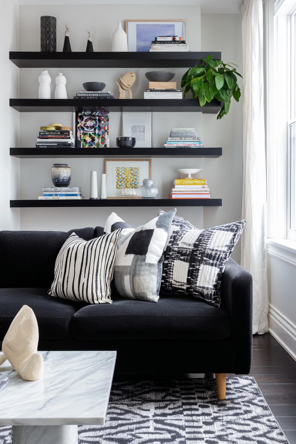 3. Wohnzimmer-Regal in Schwarzweiß mit grafischen Prints und Marmorakzenten