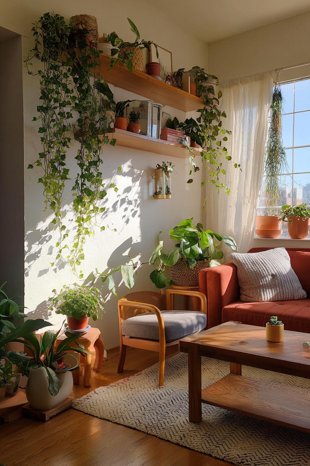 4. Wohnzimmer-Regal als botanische Oase mit Hängepflanzen und Terrakotta
