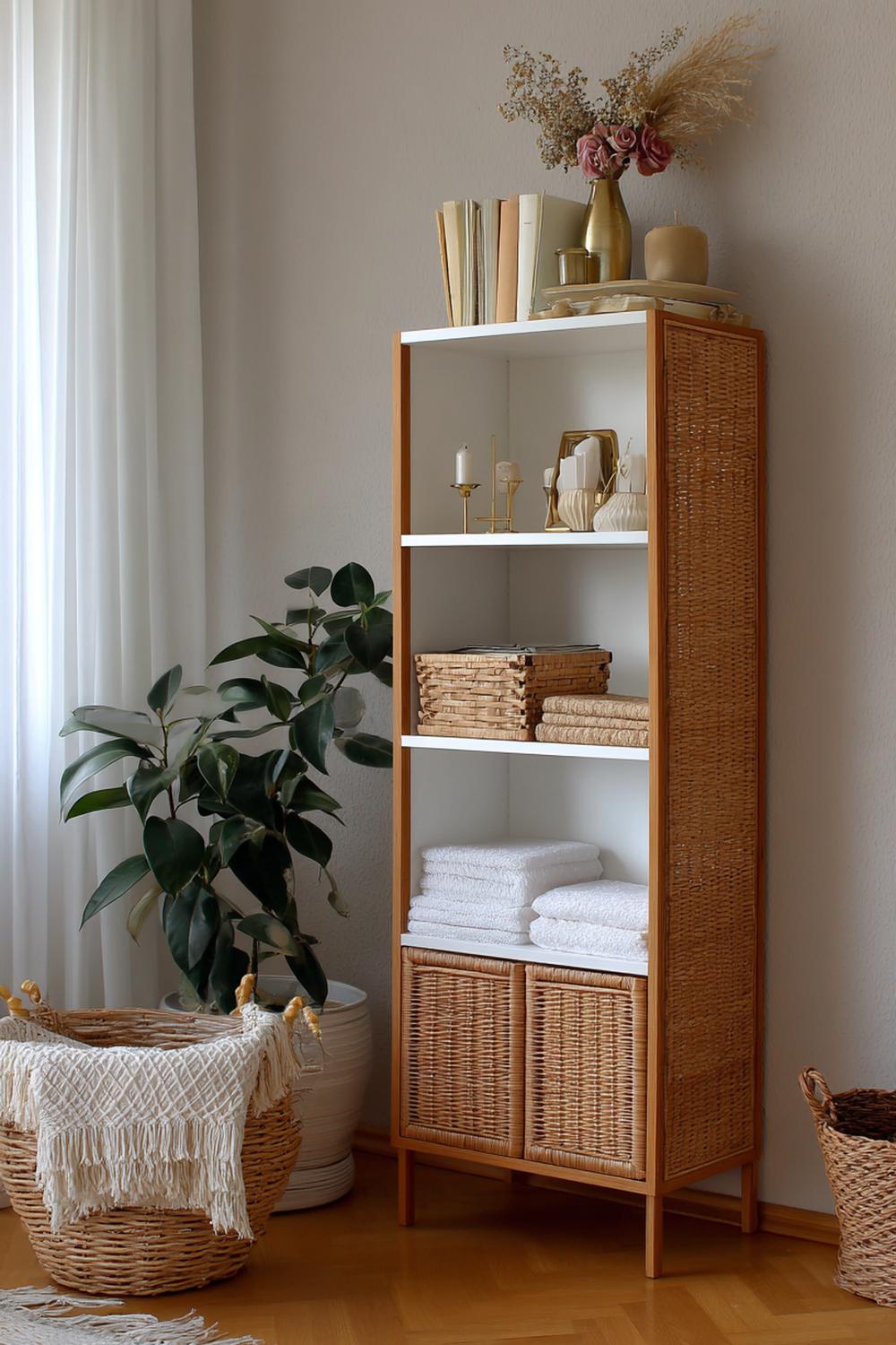 5. Wohnzimmer-Regal im Boho-Stil mit Rattan, Makramee und Messingdetails