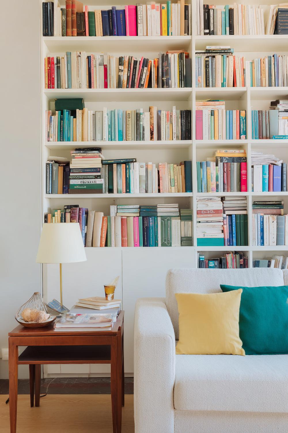 6. Wohnzimmer-Regal mit farblich sortierten Büchern und Acryl-Buchstützen
