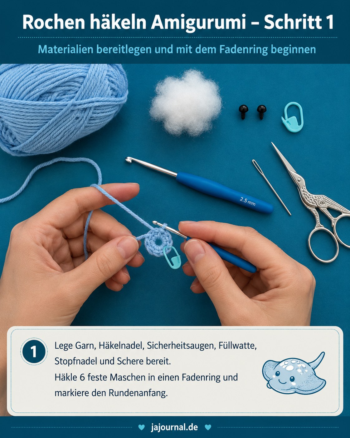 Rochen häkeln Amigurumi: Material mit Garn, Häkelnadel und Fadenring für den Rundenanfang bereitgelegt