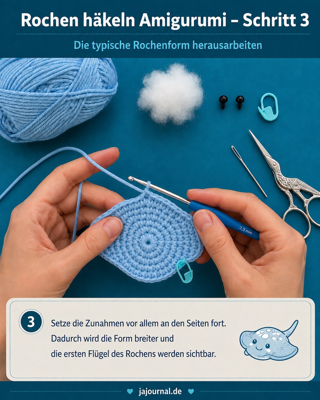 Rochen häkeln Amigurumi: seitliche Zunahmen lassen die typische Flügelform langsam entstehen
