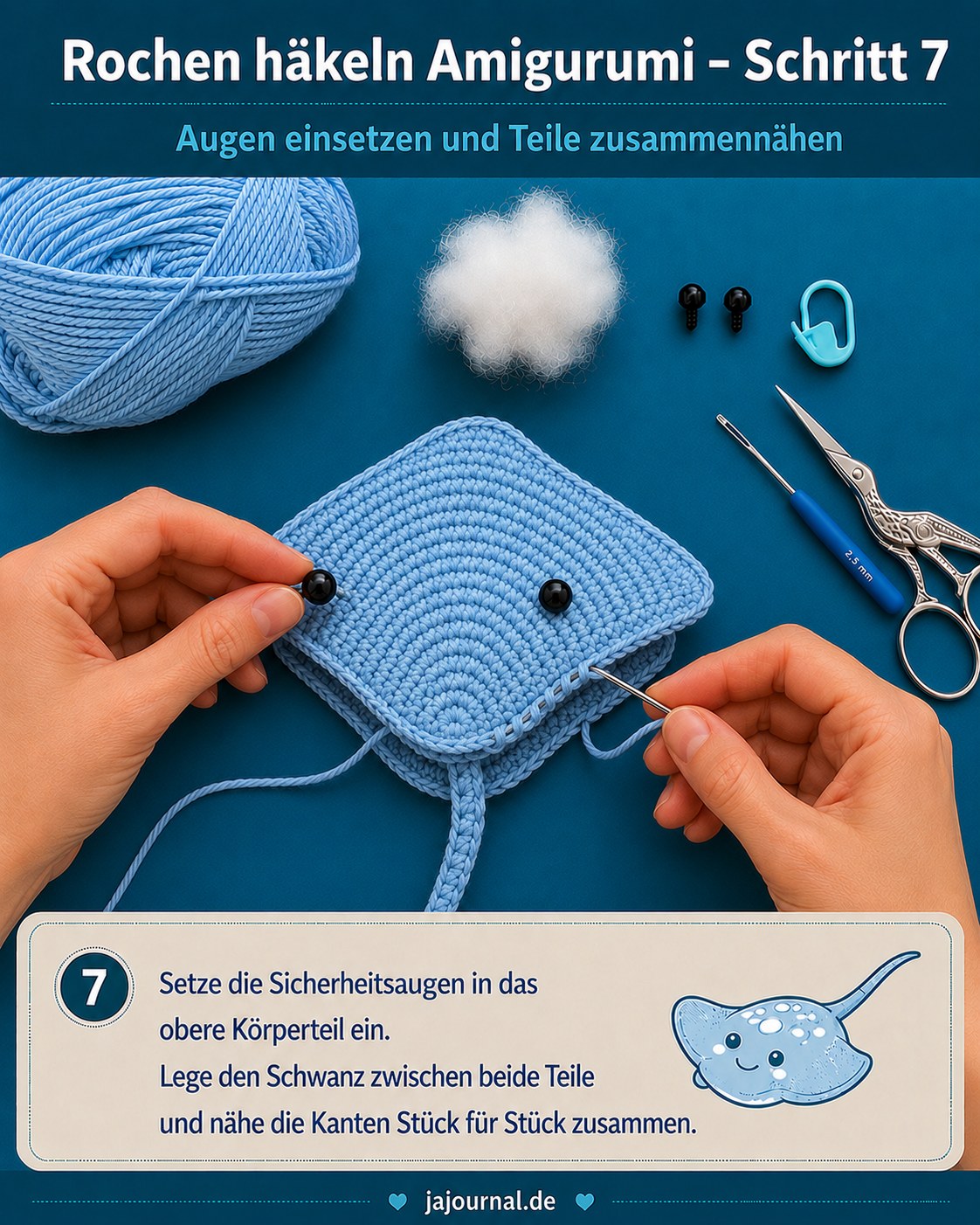 Sicherheitsaugen einsetzen und Kanten zusammennähen beim Rochen häkeln Amigurumi Projekt