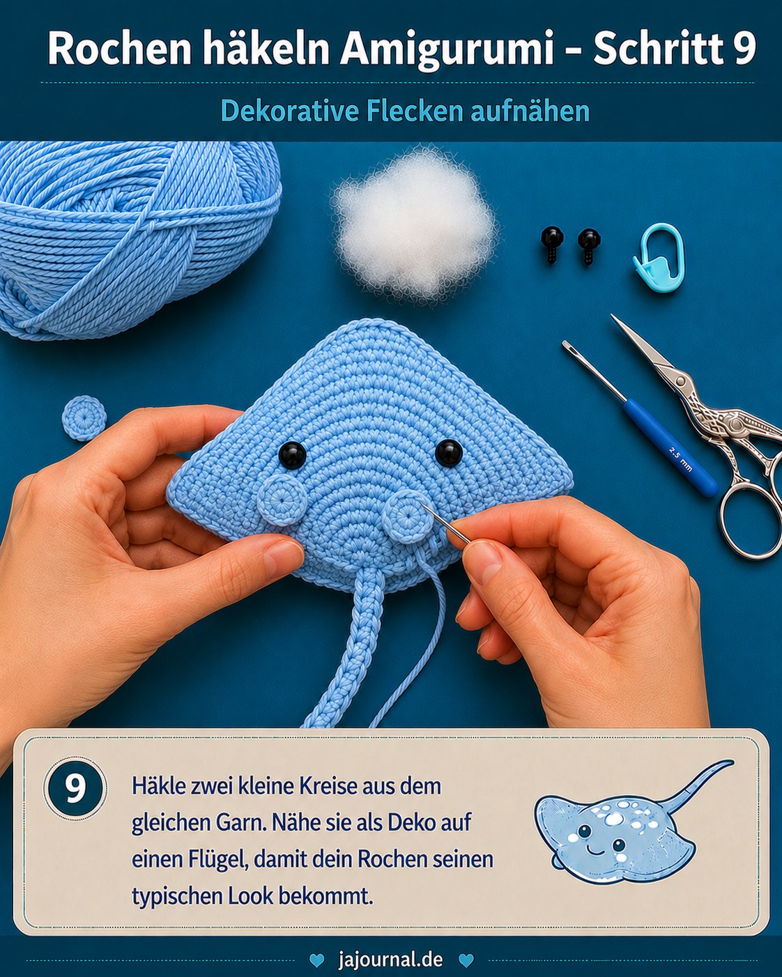 Zwei kleine gehäkelte Flecken geben dem Rochen häkeln Amigurumi seinen typischen Look