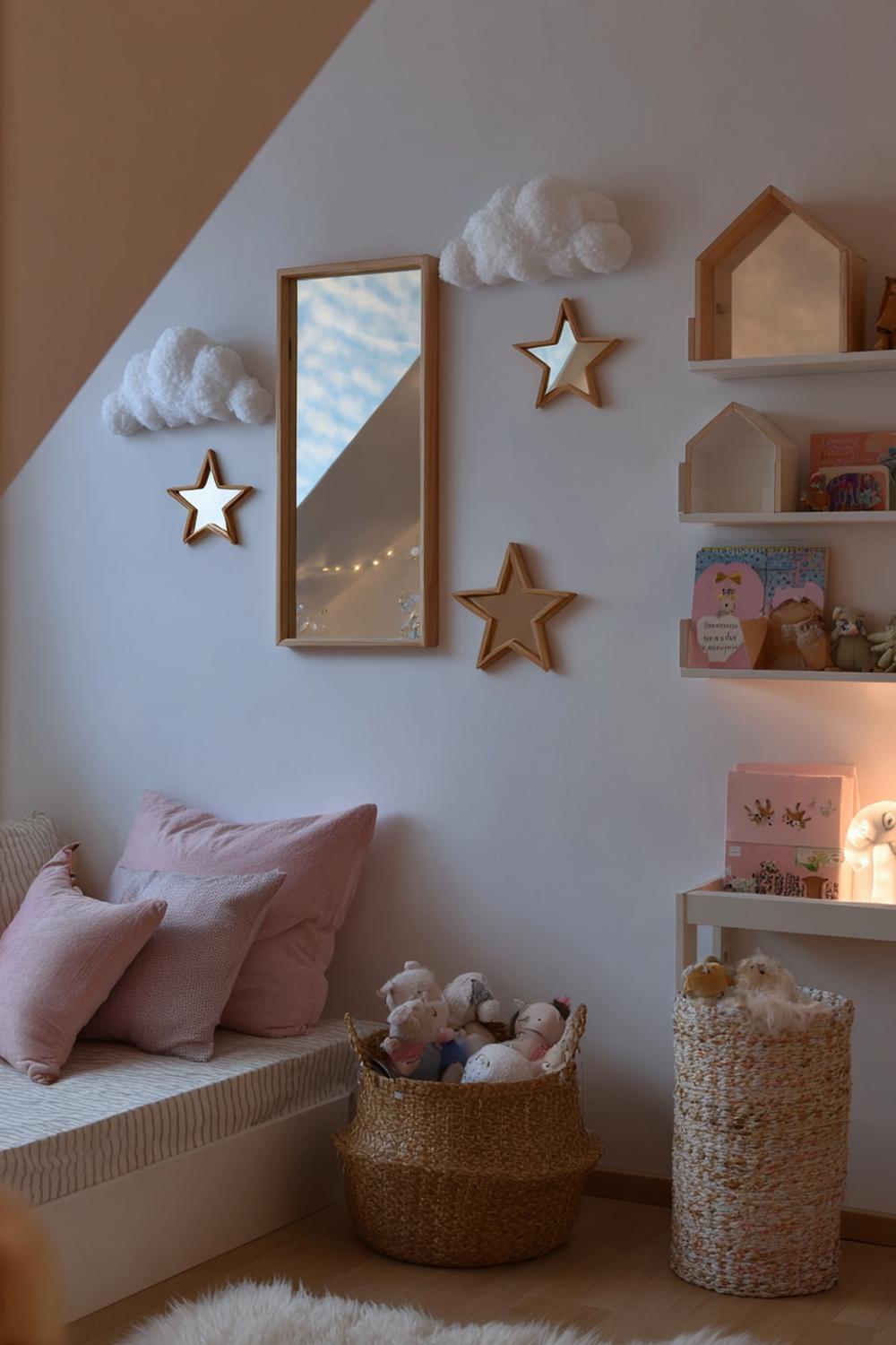 17. Spiegelwand im Kinderzimmer mit Sternspiegeln und Wolkenregal