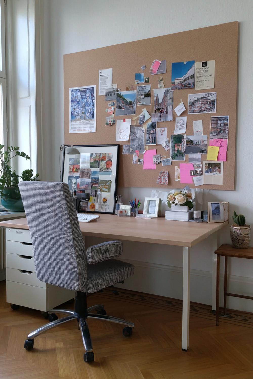 18. Spiegelwand im Homeoffice mit Pinboard-Nische und Leinenlampe