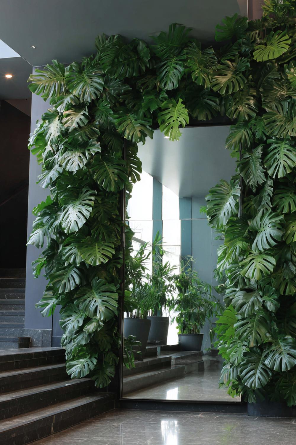 8. Spiegelwand mit Monstera-Ranken und Terrakotta-Töpfen
