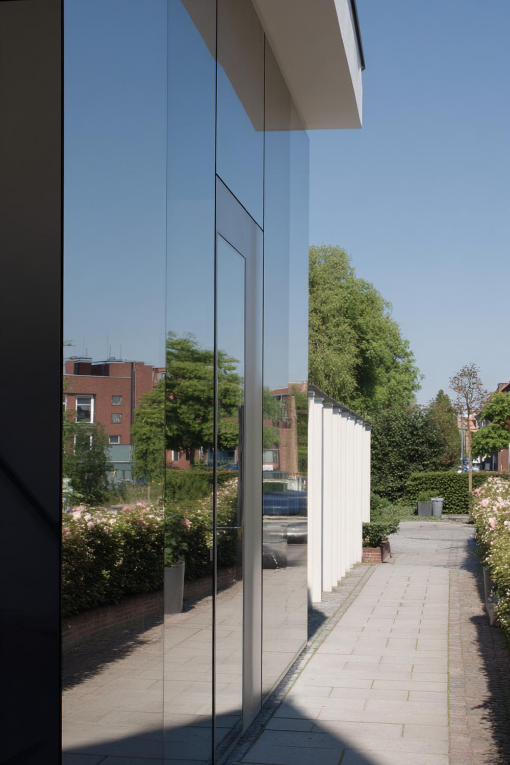 9. Spiegelwand in Rauchglas und Chrom neben einer Marmorvase