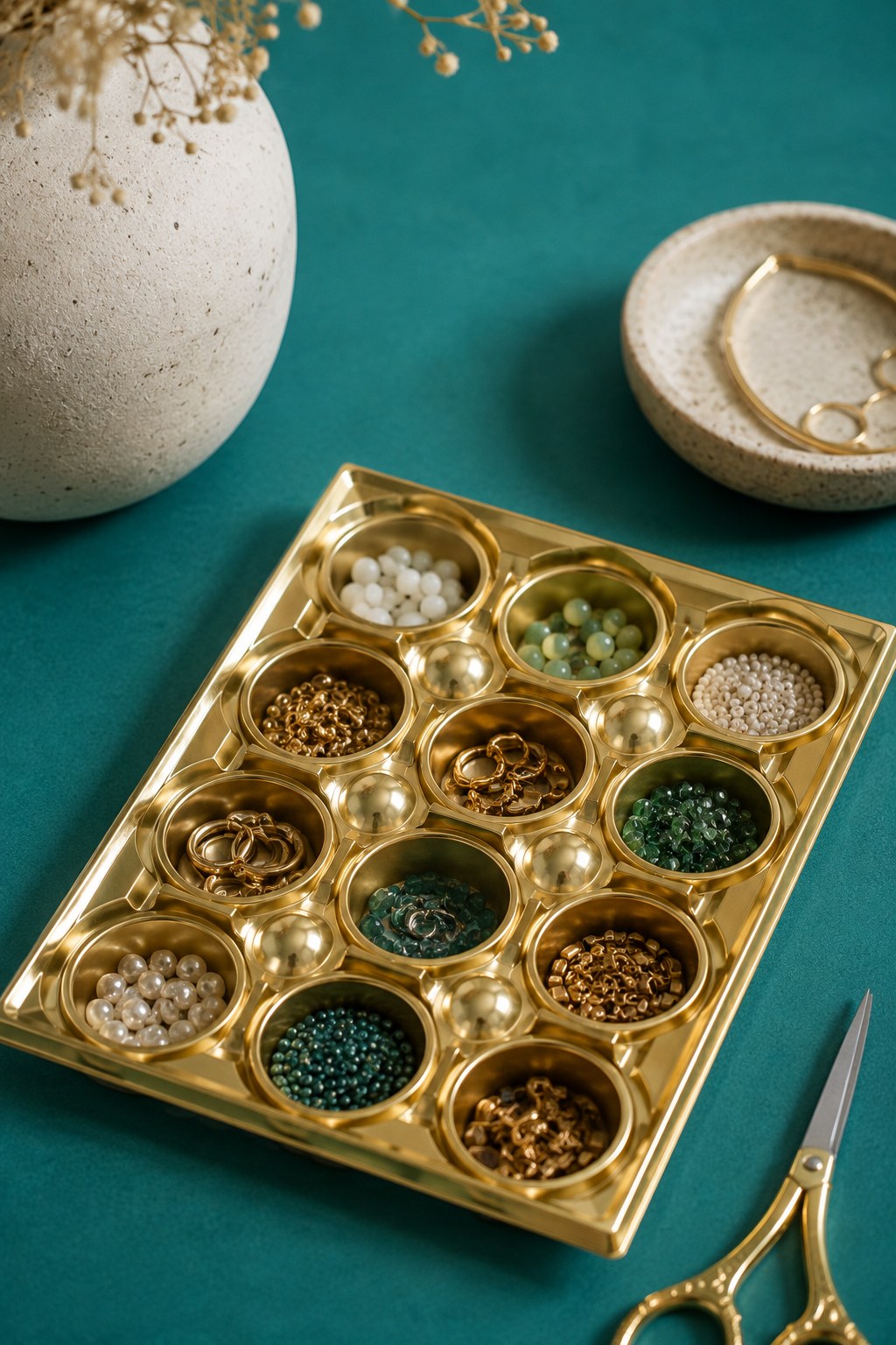 Goldenes Fächertablett aus umfunktionierten Tablettenflaschen-Böden gefüllt mit Perlen und Schmuckteilen