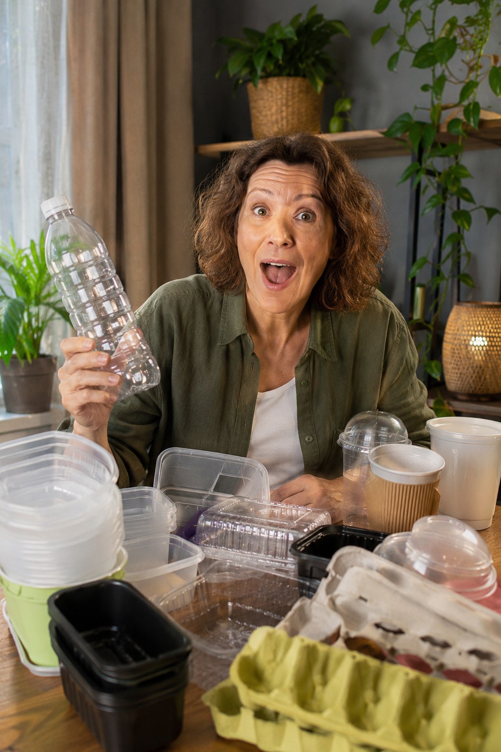 Frau hält begeistert eine leere Plastikflasche zwischen Recyclingmaterial für ein Anzucht-Upcycling-Projekt