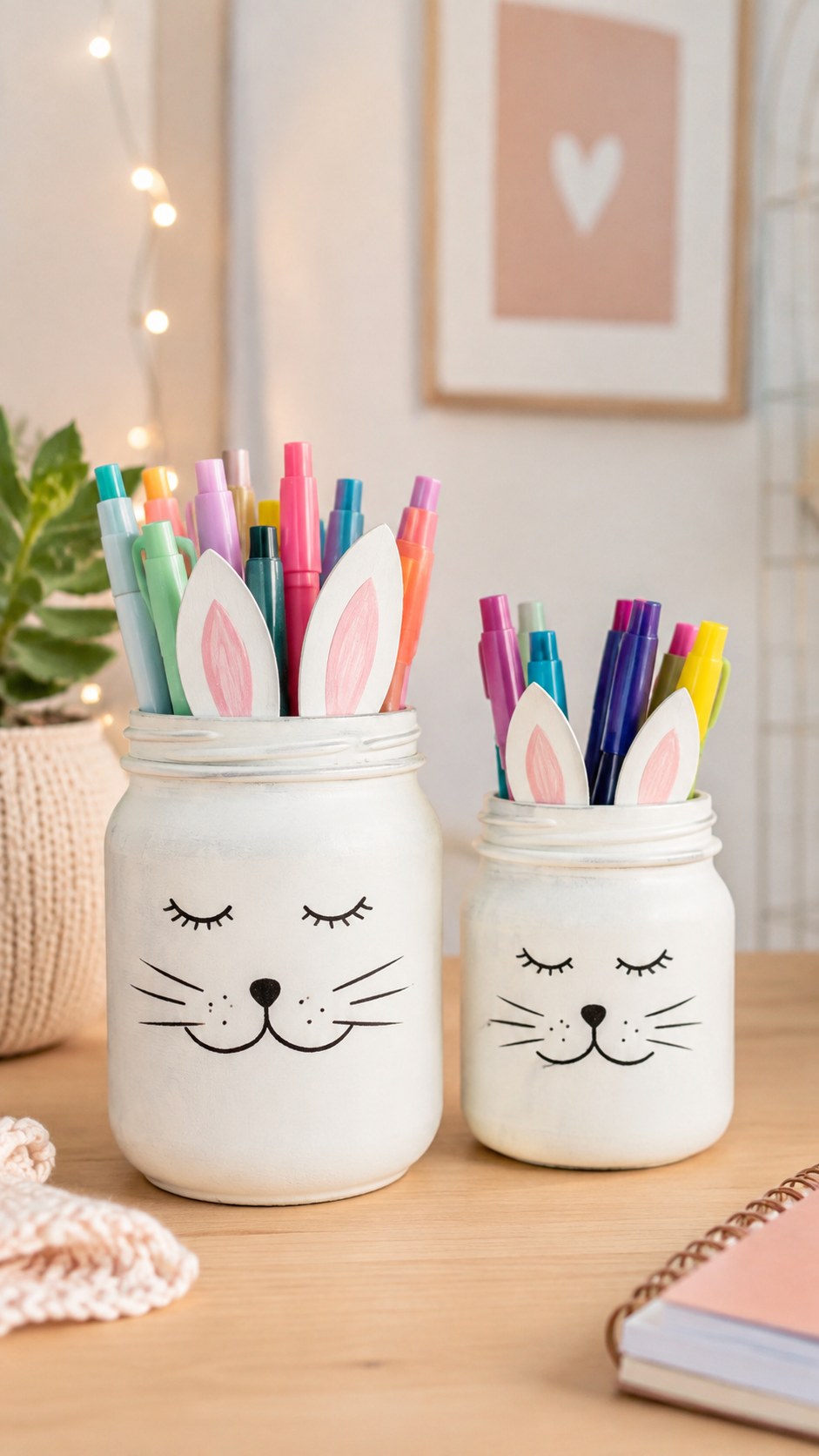Weiß bemalte Tablettenflasche mit Hasengesicht und Filzohren als Stiftebecher fürs Kinderzimmer