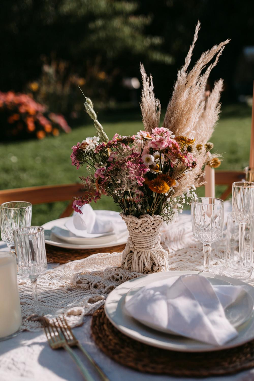 7. Tischdeko im Boho-Look mit Makramee und Trockenblumen