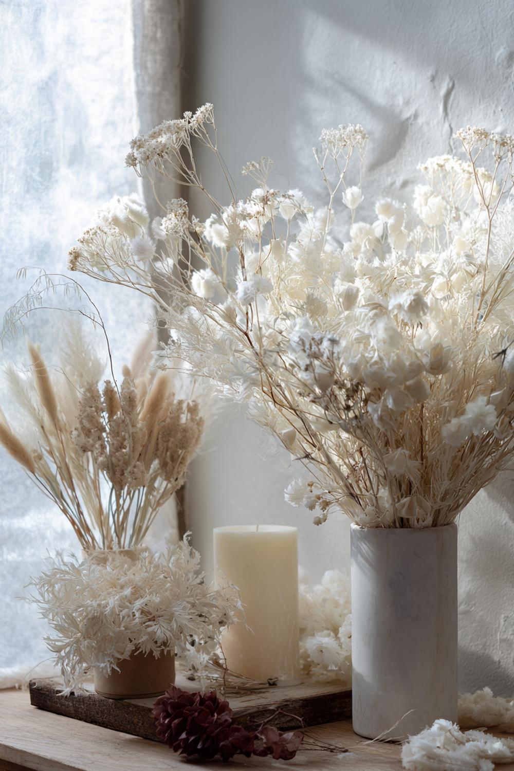 16. Trockenblumen Monochrome Weiß-Beige-Inszenierung auf Sideboard