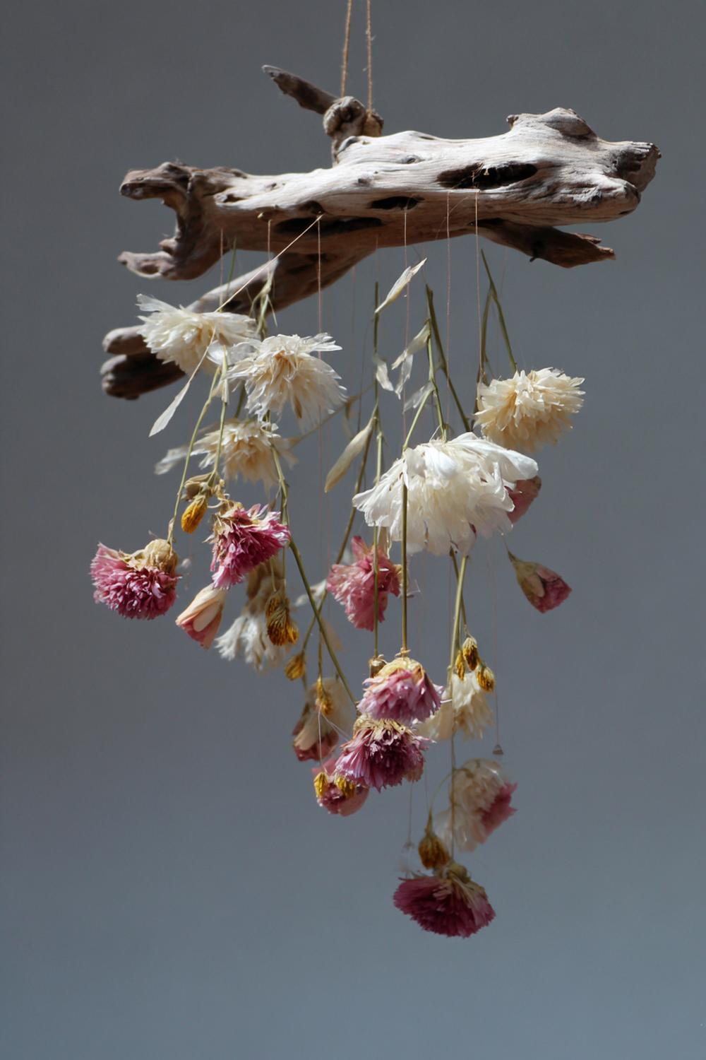 6. Trockenblumen Hängemobile aus Treibholz und zarten Naturtönen