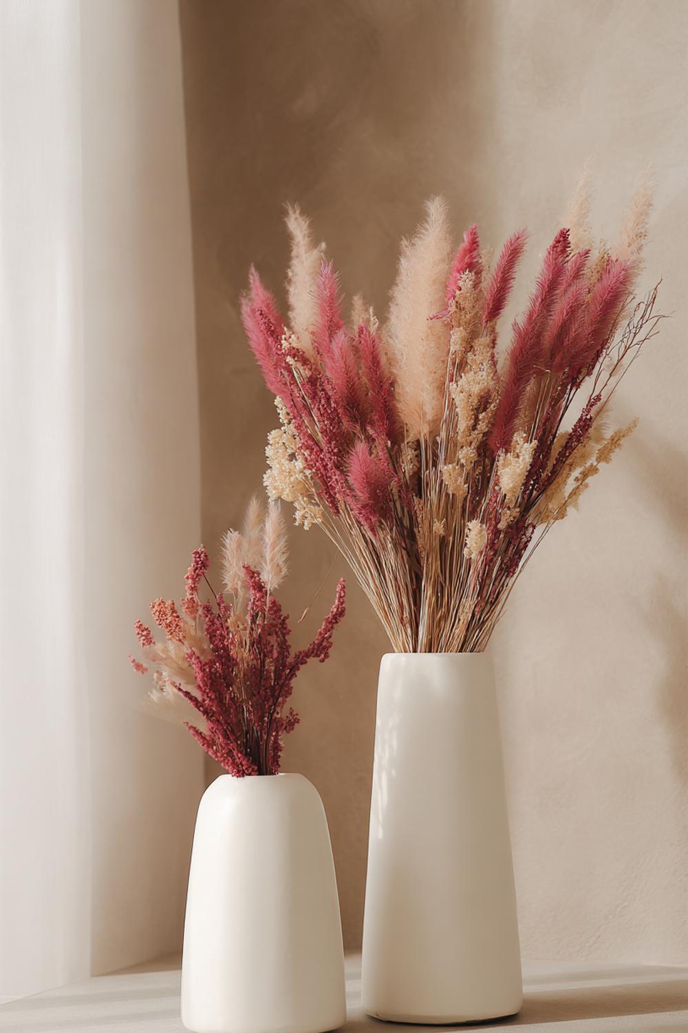 7. Trockenblumen Minimalistische Solifleur-Vasen auf Betonsockel