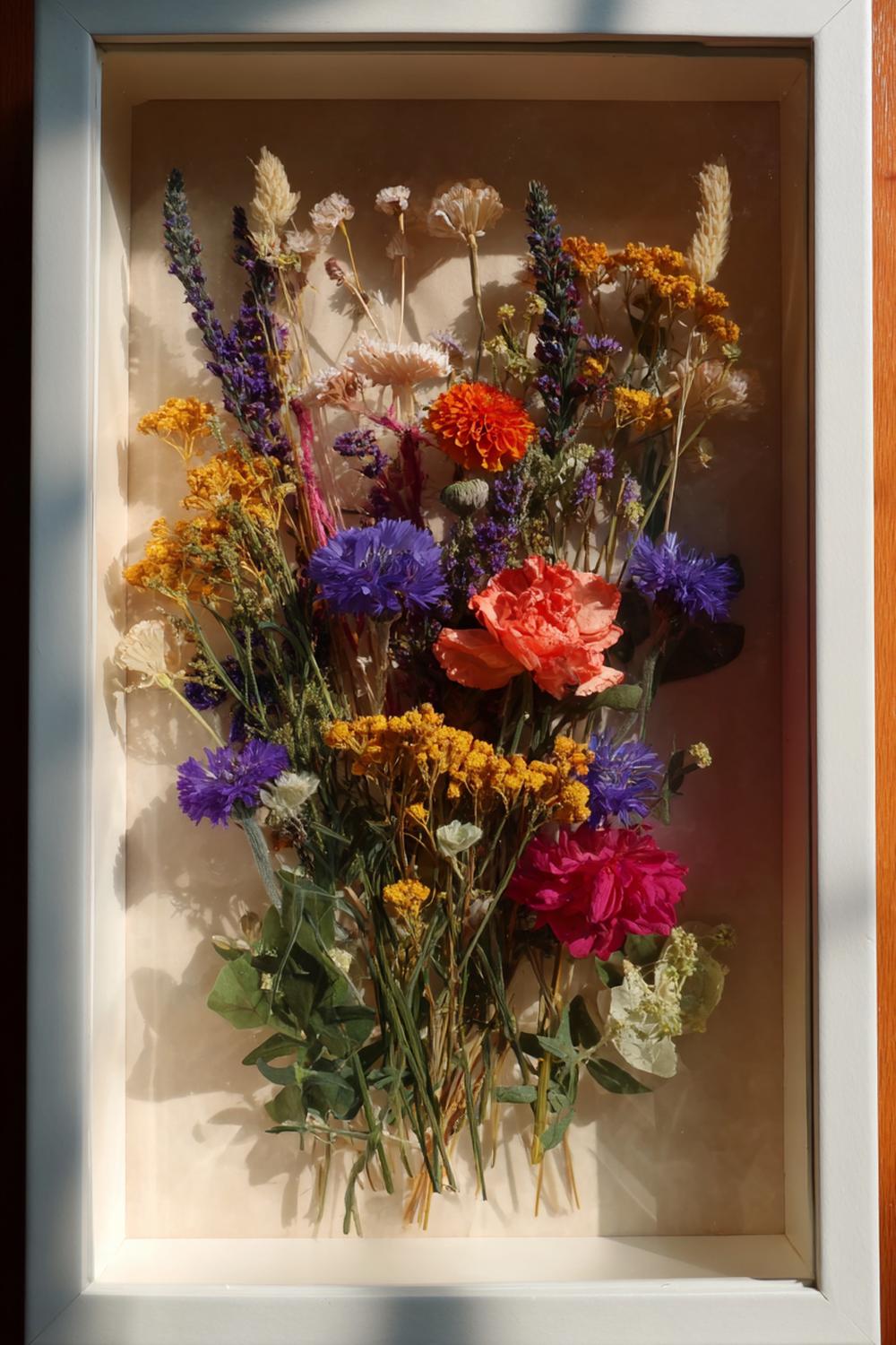 8. Trockenblumen Shadowbox im Bilderrahmen mit Beschriftung