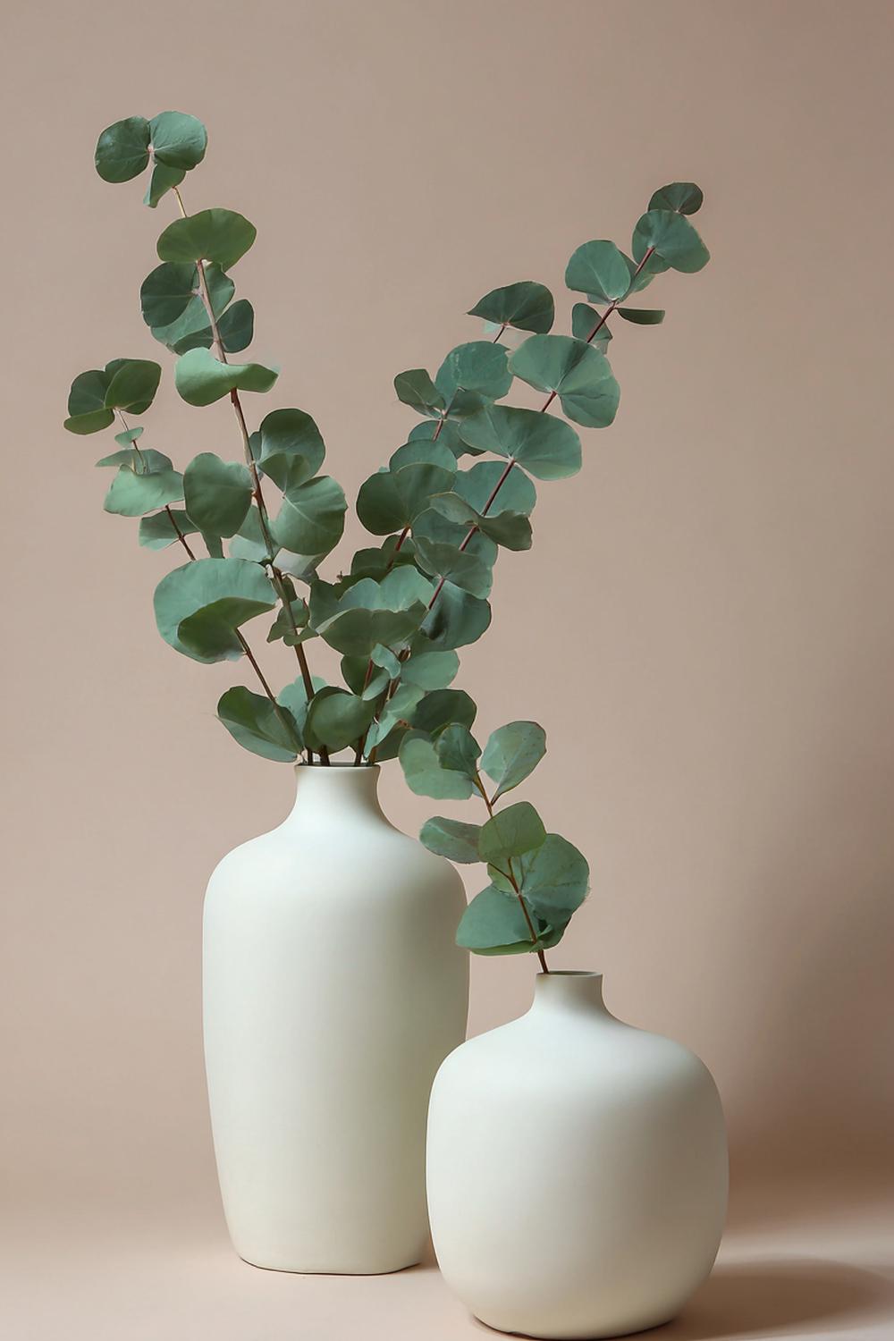 1. Minimalistische Vasen Deko mit Zweigen aus Eukalyptus in mattweißer Keramikvase