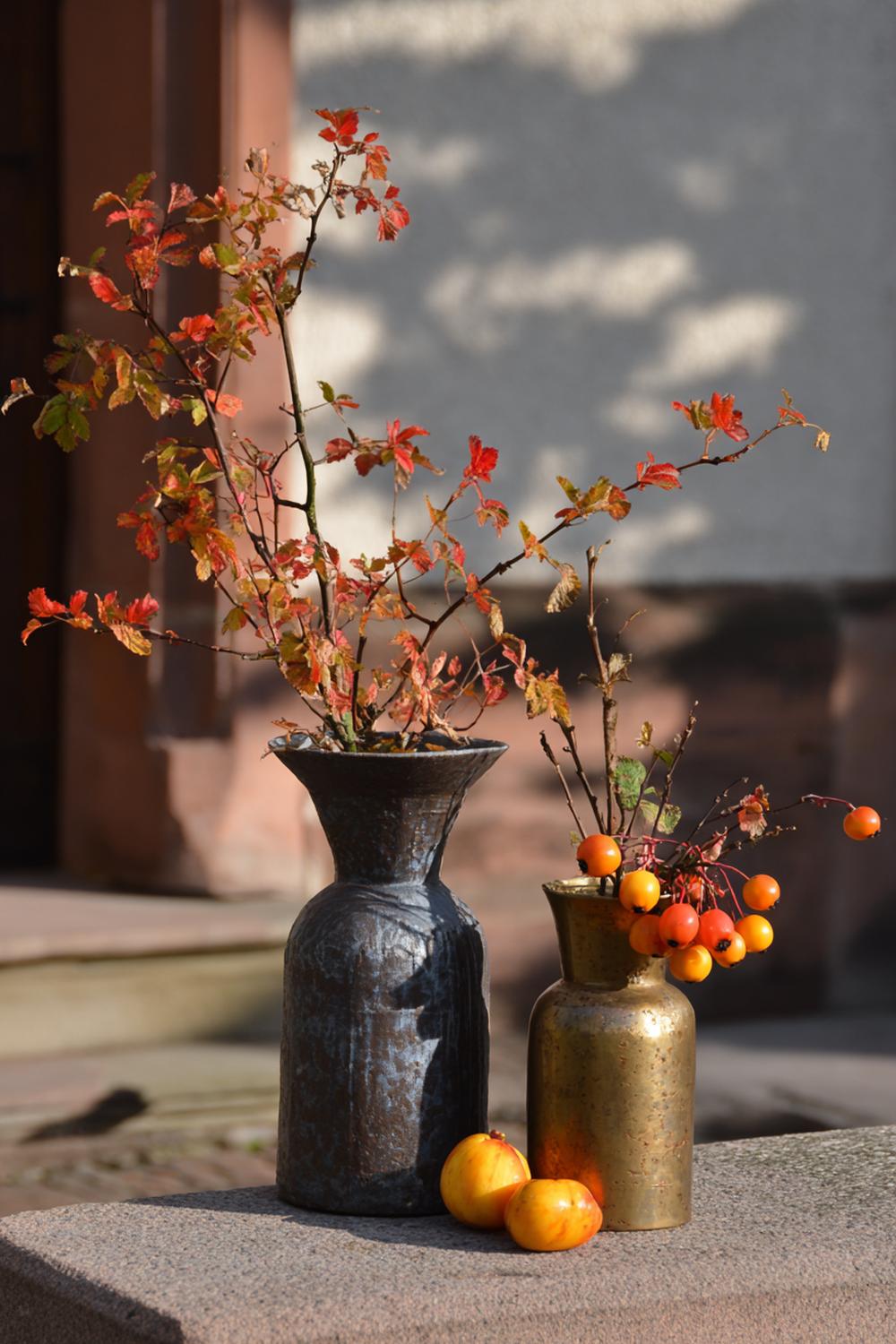 6. Herbstliche Vasen Deko mit Zweigen von Hagebutte in antiker Messingvase