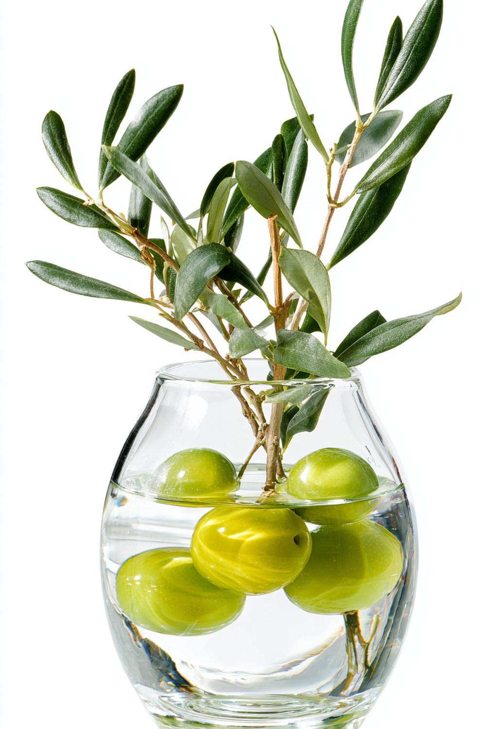 9. Mediterrane Vasen Deko mit Zweigen von Olive in bauchiger Glasvase mit Wasser