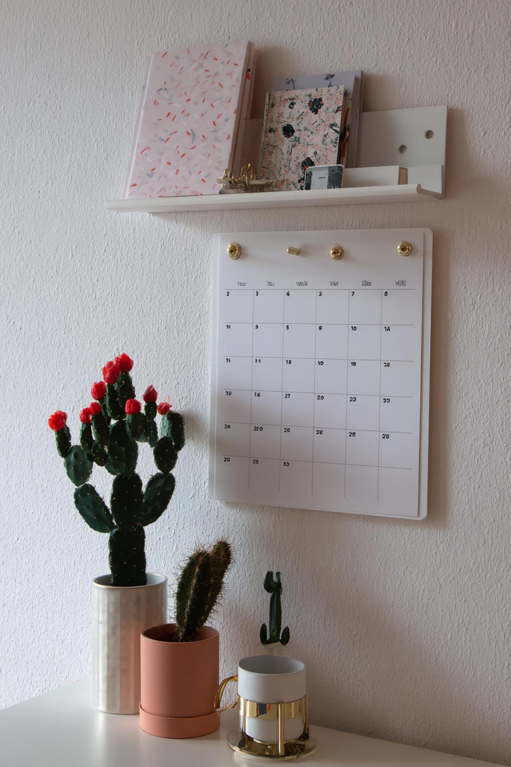 24. Wanddeko ohne Bohren mit schmalem Wandkalender im Skandi-Stil und magnetischer Klebeleiste