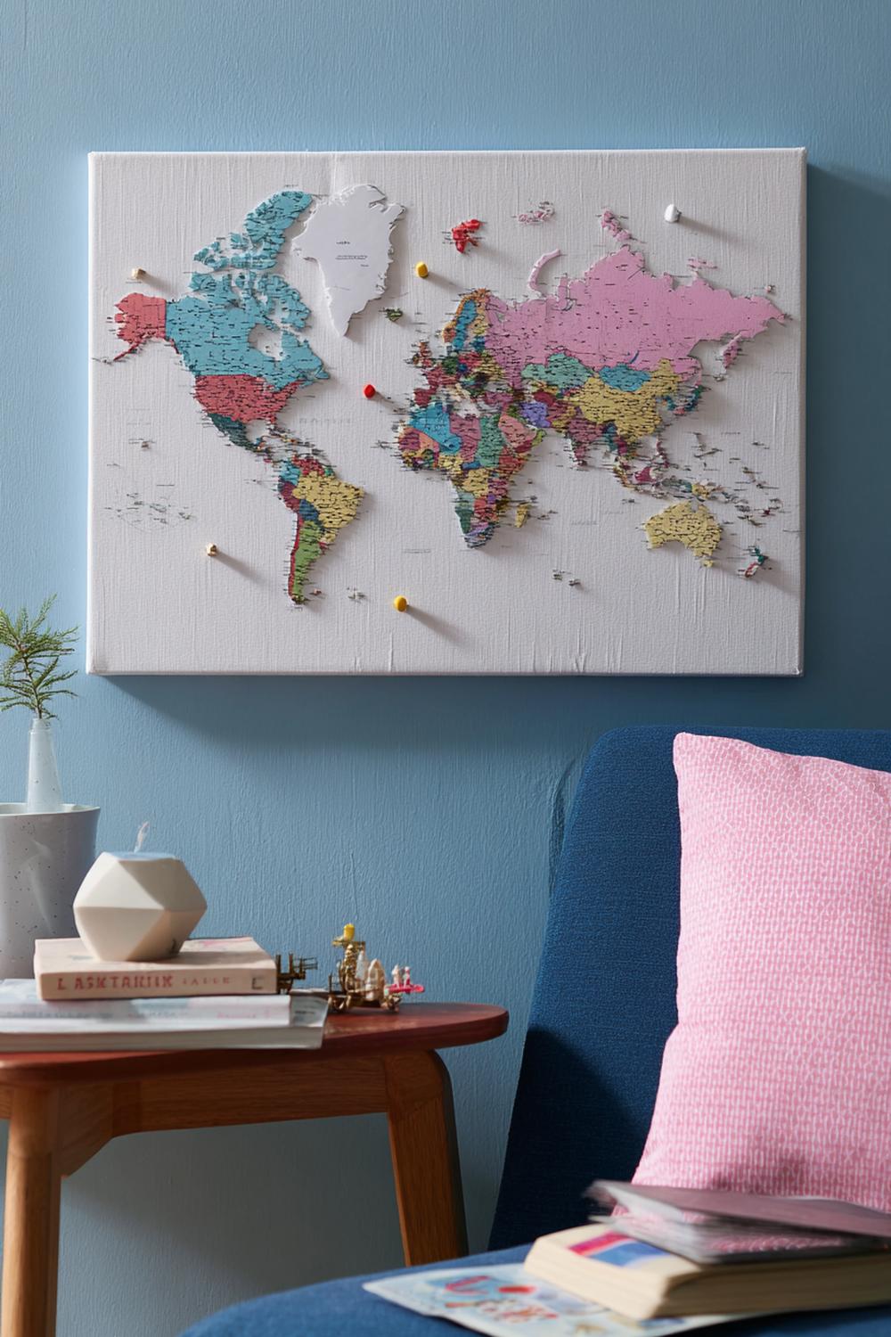 28. Wanddeko ohne Bohren mit Kartentafel aus Leinwand und Reisepins, fixiert mit Klettband