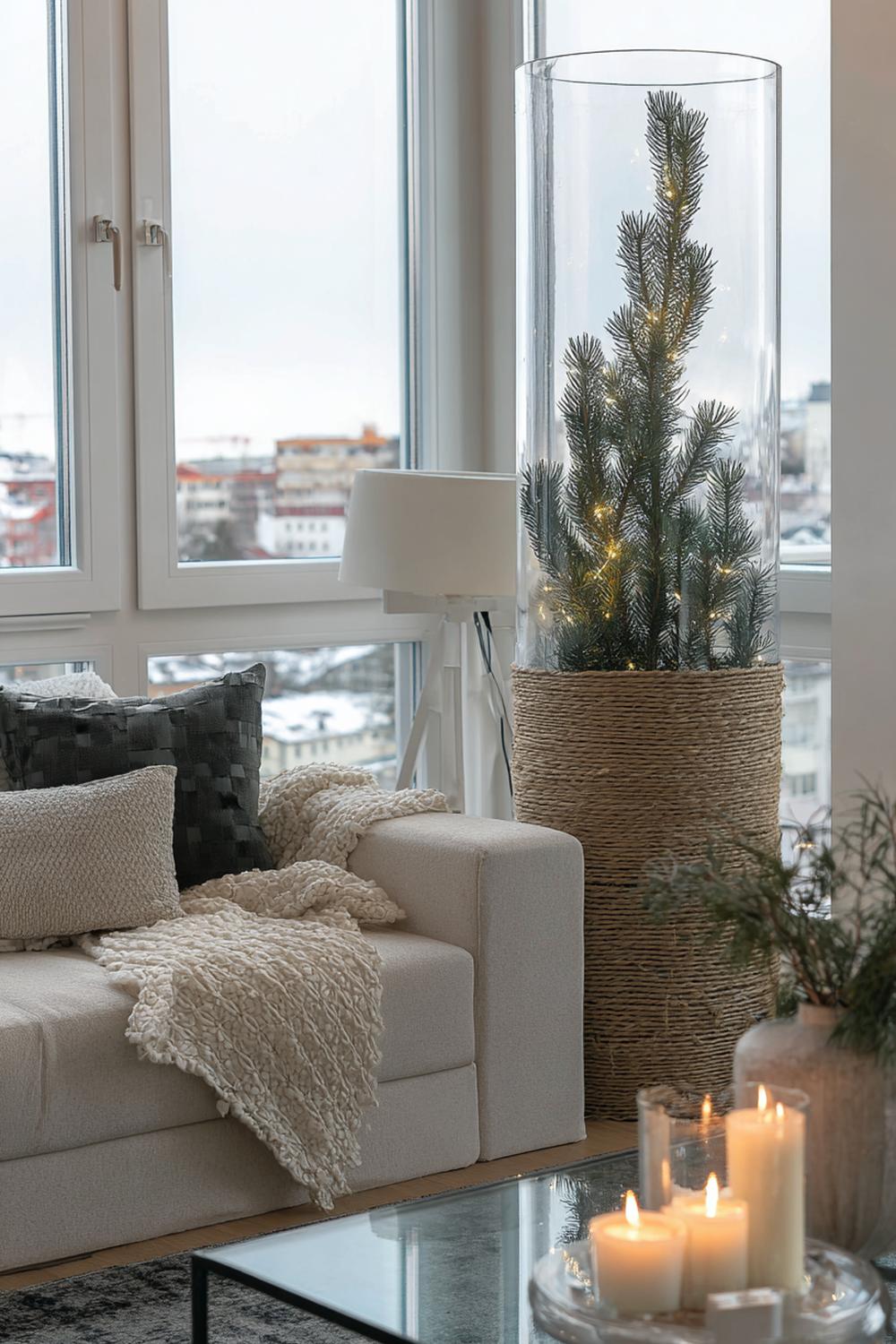 1. Weihnachtsdeko minimalistisch Wohnung: Skandi-Tannenzweige im hohen Glaszylinder mit Juteband