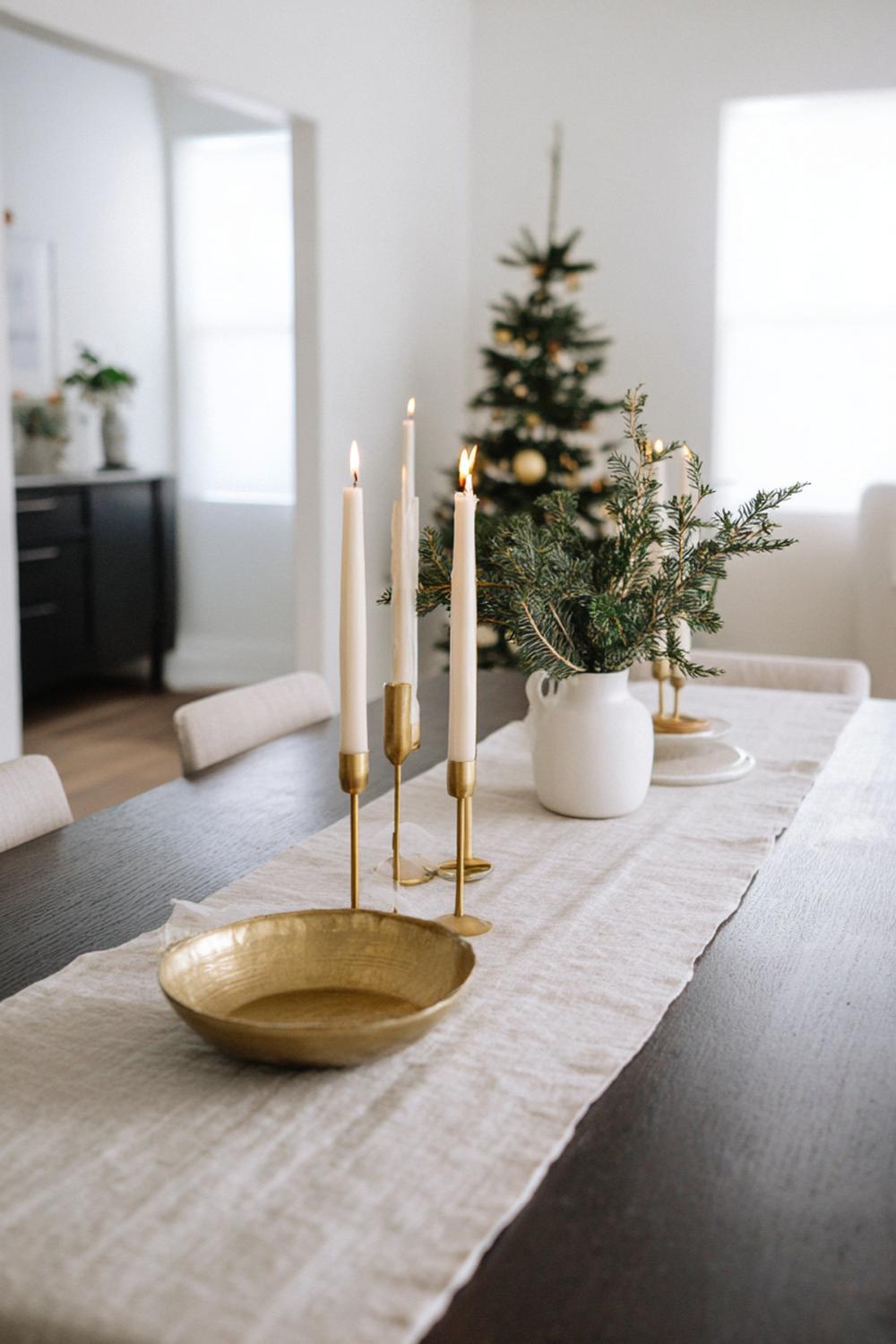10. Weihnachtsdeko minimalistisch Wohnung: Esstisch mit Leinenläufer und schlanken Messingkerzen