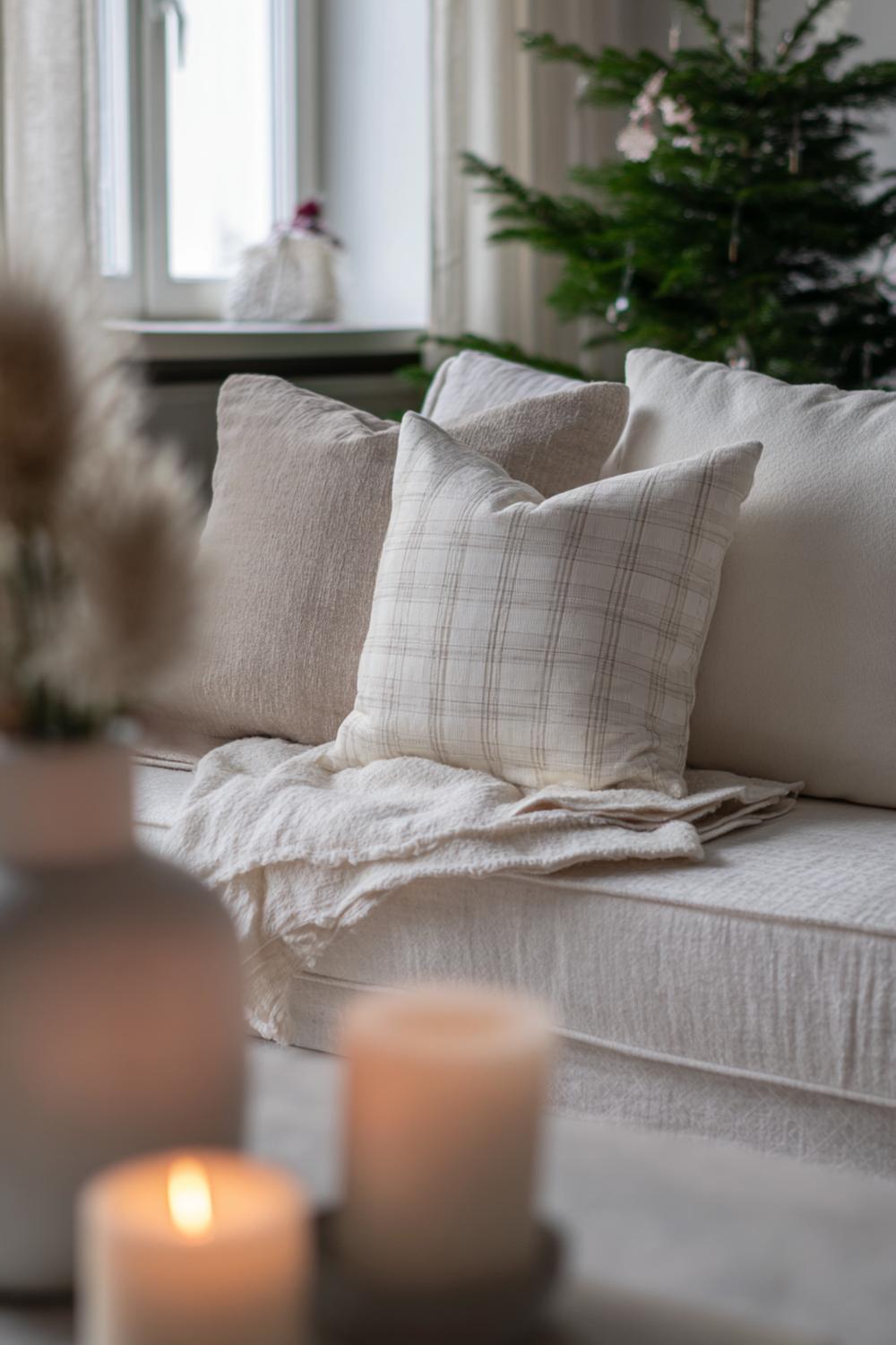 11. Weihnachtsdeko minimalistisch Wohnung: Ton-in-Ton Kissen und Plaids in Eierschale und Greige