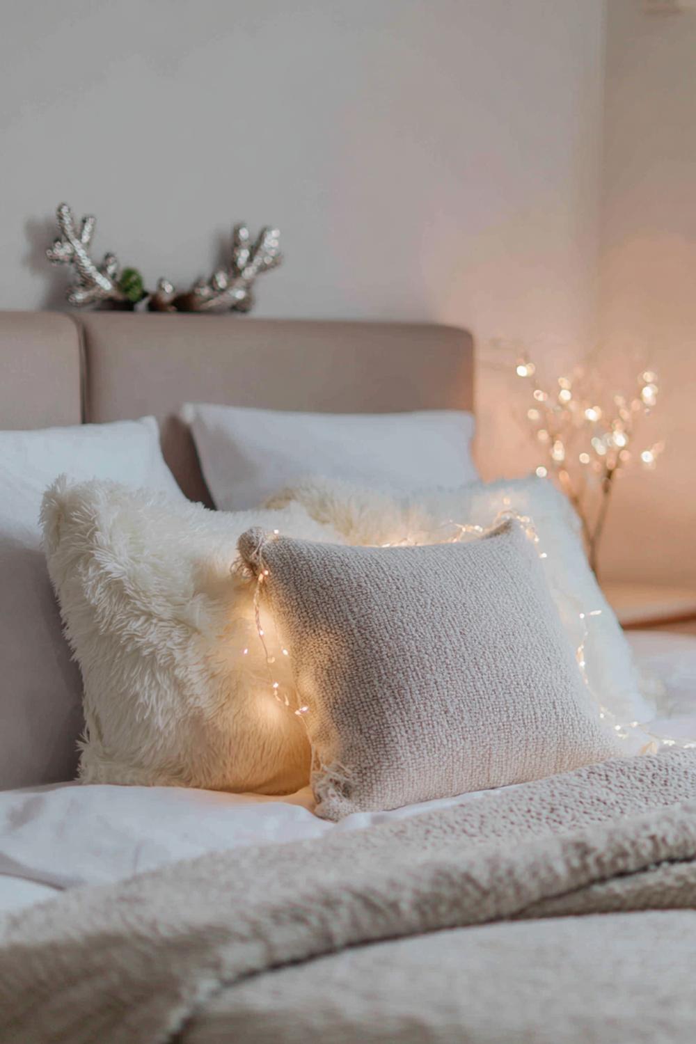 16. Weihnachtsdeko minimalistisch Wohnung: Bettkopf-Inszenierung mit Lichterkette und Leinenkissen
