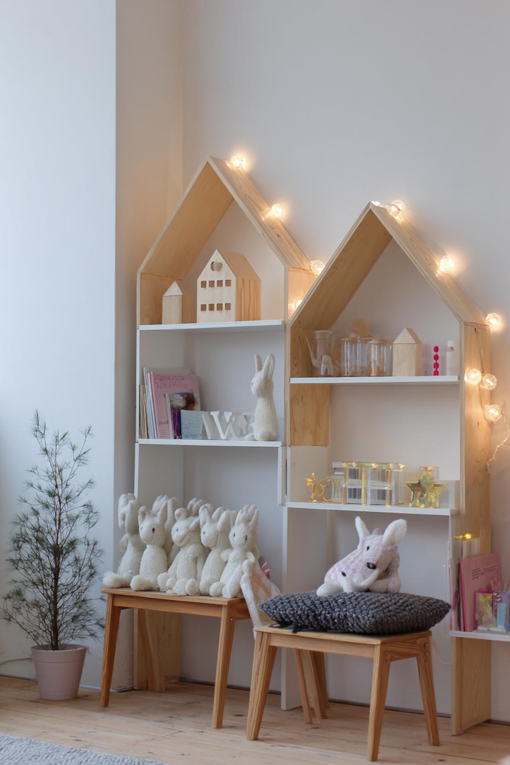 21. Weihnachtsdeko minimalistisch Wohnung: Kinderzimmer-Regal mit Holztieren und Mini-Lichterhaus