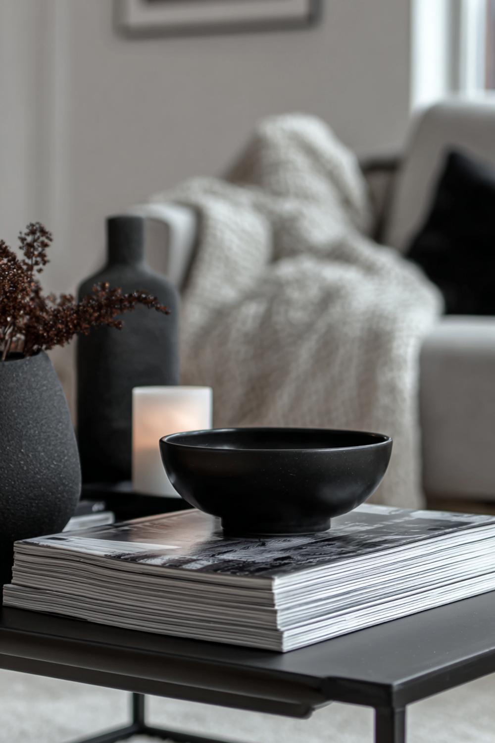 23. Weihnachtsdeko minimalistisch Wohnung: Coffeetable-Styling mit Bildband-Stapel und mattschwarzer Schale