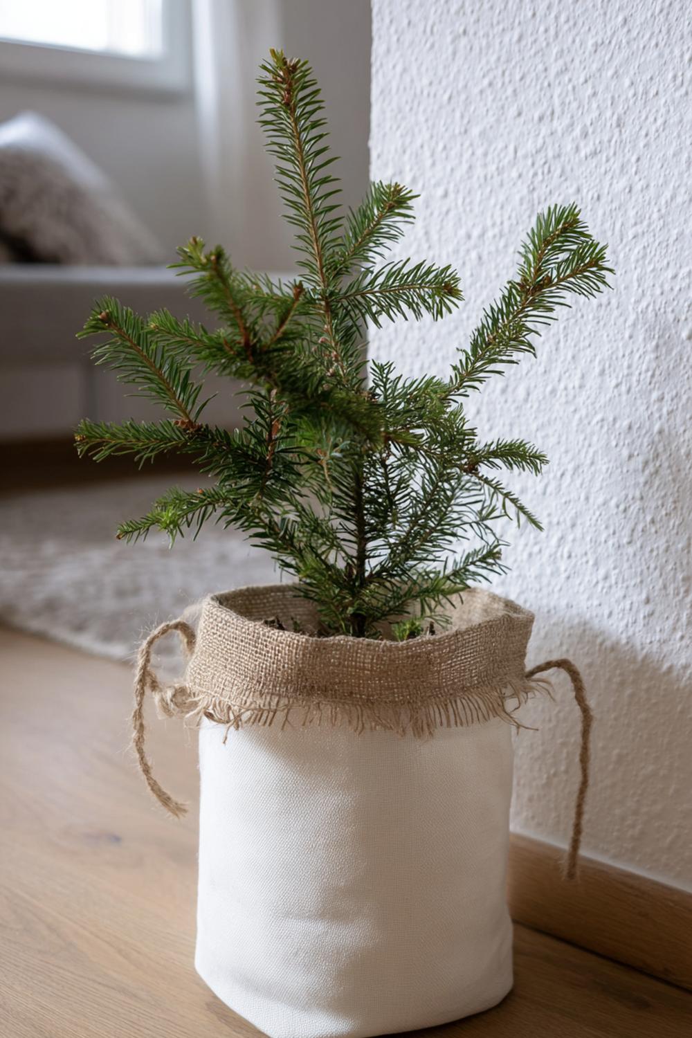 24. Weihnachtsdeko minimalistisch Wohnung: Topf-Fichte im Jutesack ohne Schmuck