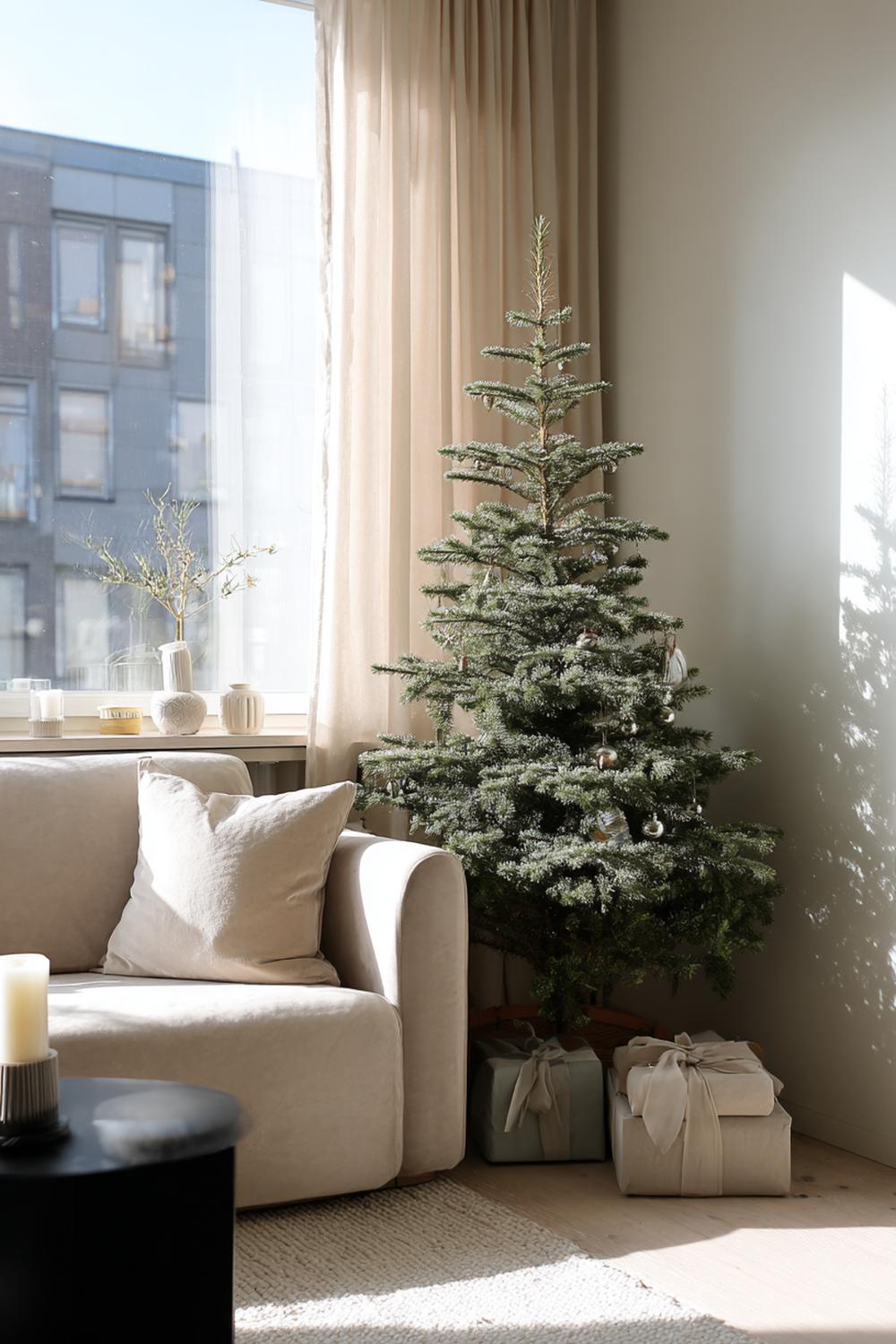 25. Weihnachtsdeko minimalistisch Wohnung: Farbakkord in Sand, Salbeigrün und Anthrazit